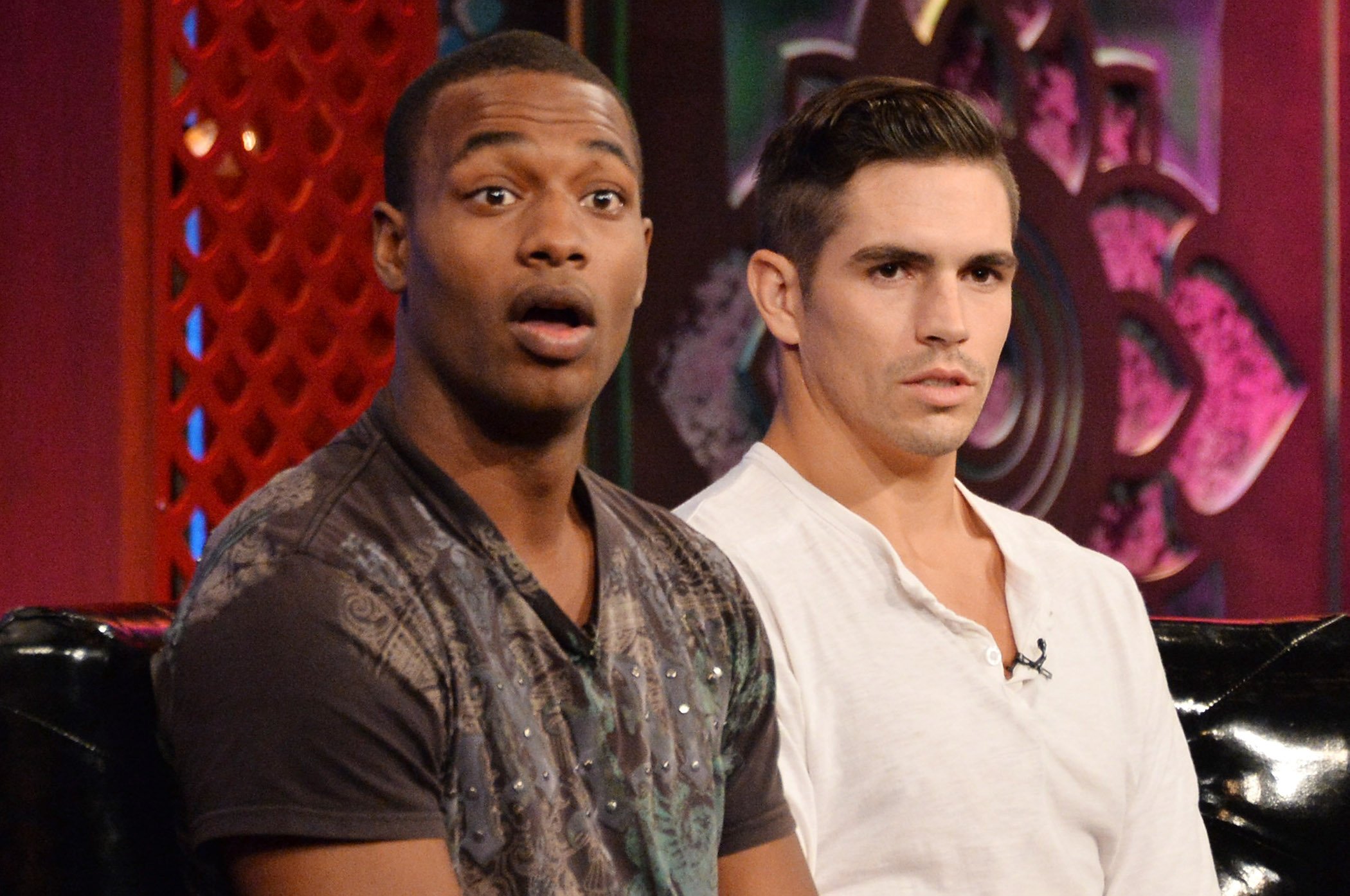 Marlon Williams looking surprised and Jordan Wiseley sitting next to him at MTV's 'The Challenge: Rivals II' final episode and reunion party