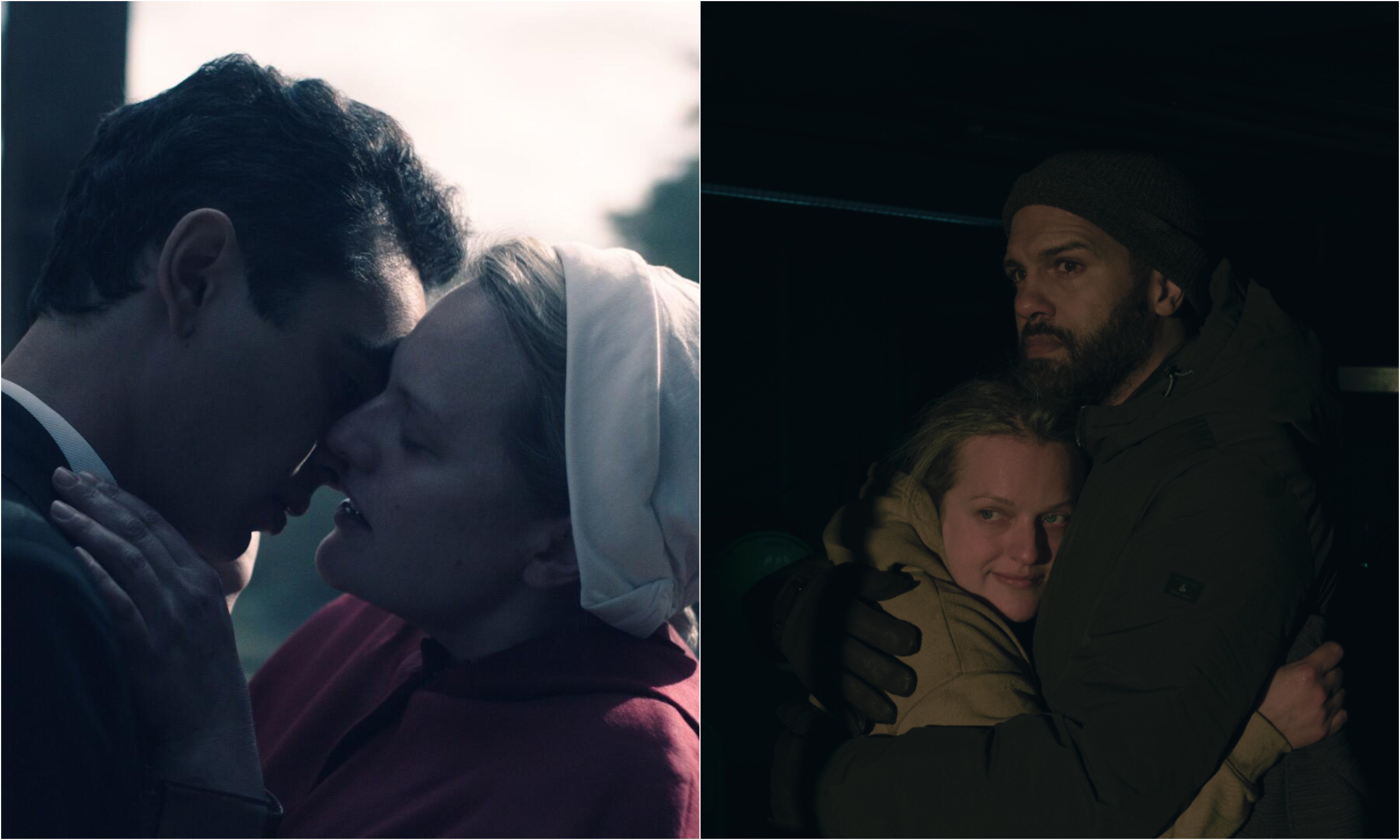 A photo of Nick and June kissing in 'The Handmaid's Tale' beside a photo of June and Luke hugging in 'The Handmaid's Tale'