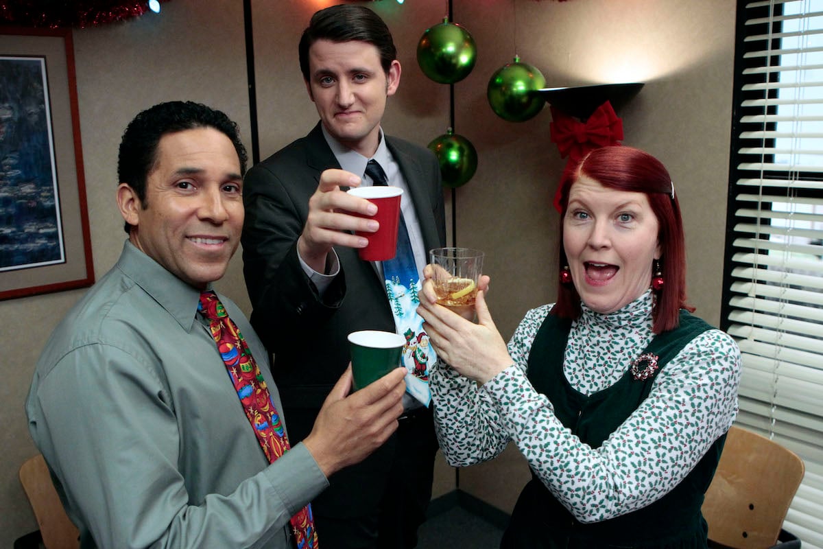 Oscar Nuñez, Zach Woods, and Kate Flannery on the set of 'The Office'