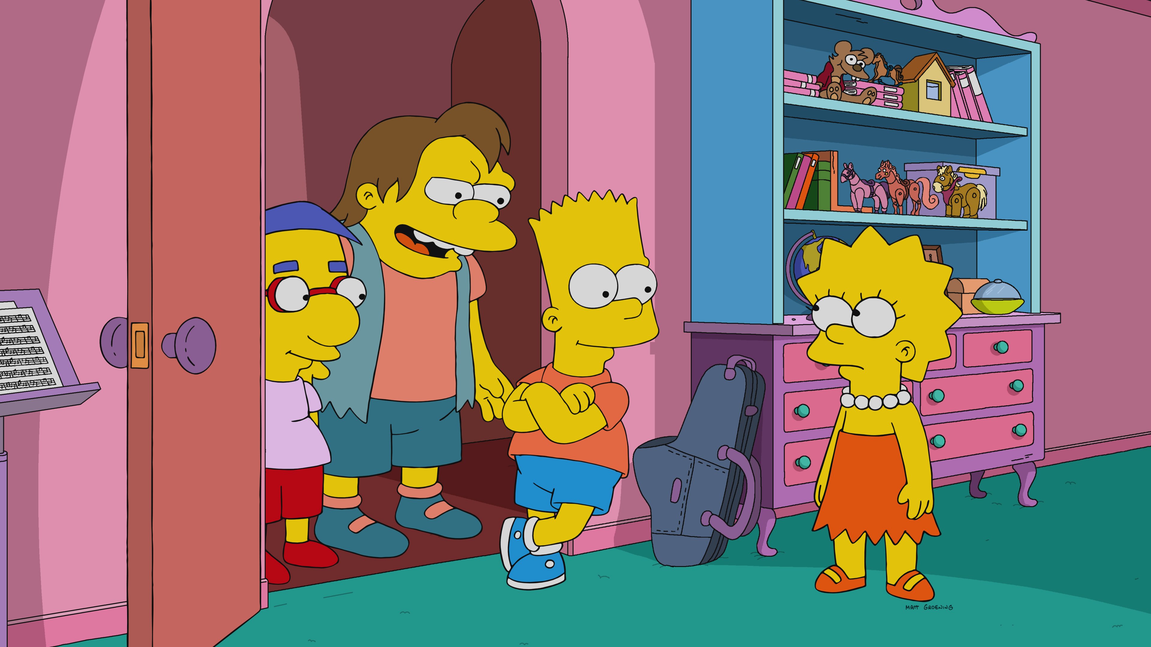The Simpsons friends Milhouse and Nelson come over to Bart and Lisa's house