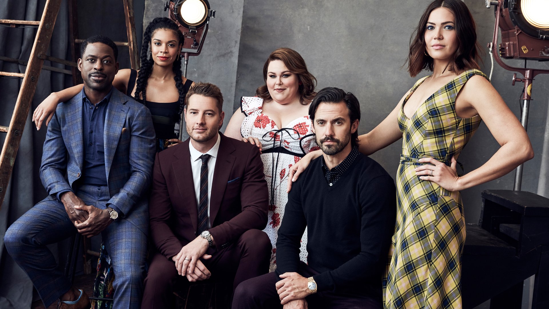 Portrait studio photo of ‘This Is Us’ cast members Sterling K. Brown, Susan Kelechi Watson, Justin Hartley, Chrissy Metz, Milo Ventimiglia, and Mandy Moore