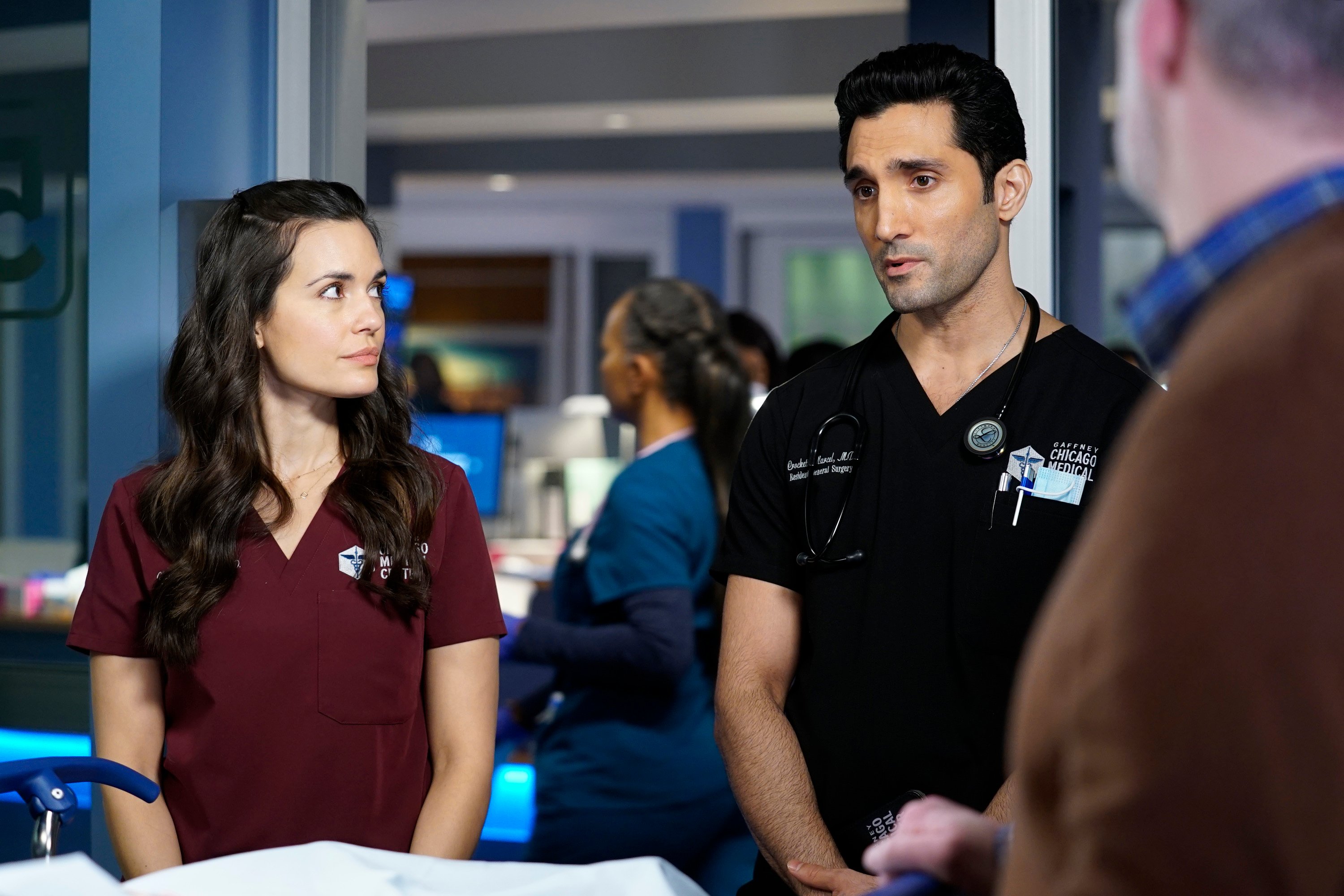 Torrey DeVitto as Natalie Manning and Dominic Rains as Crockett Marcel on 'Chicago Med'  
