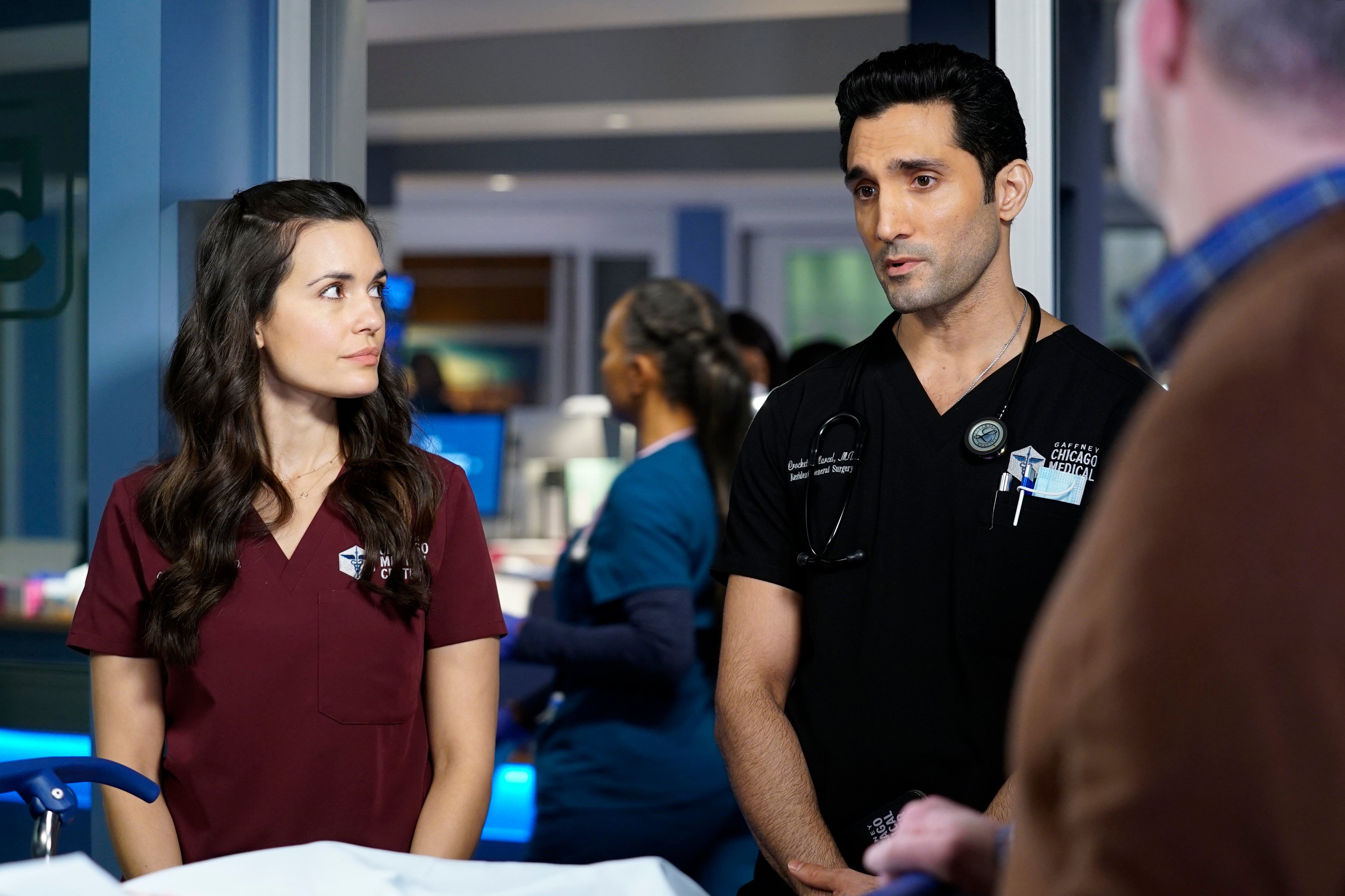 Torrey DeVitto as Natalie Manning and Dominic Rains as Crockett Marcel on 'Chicago Med'