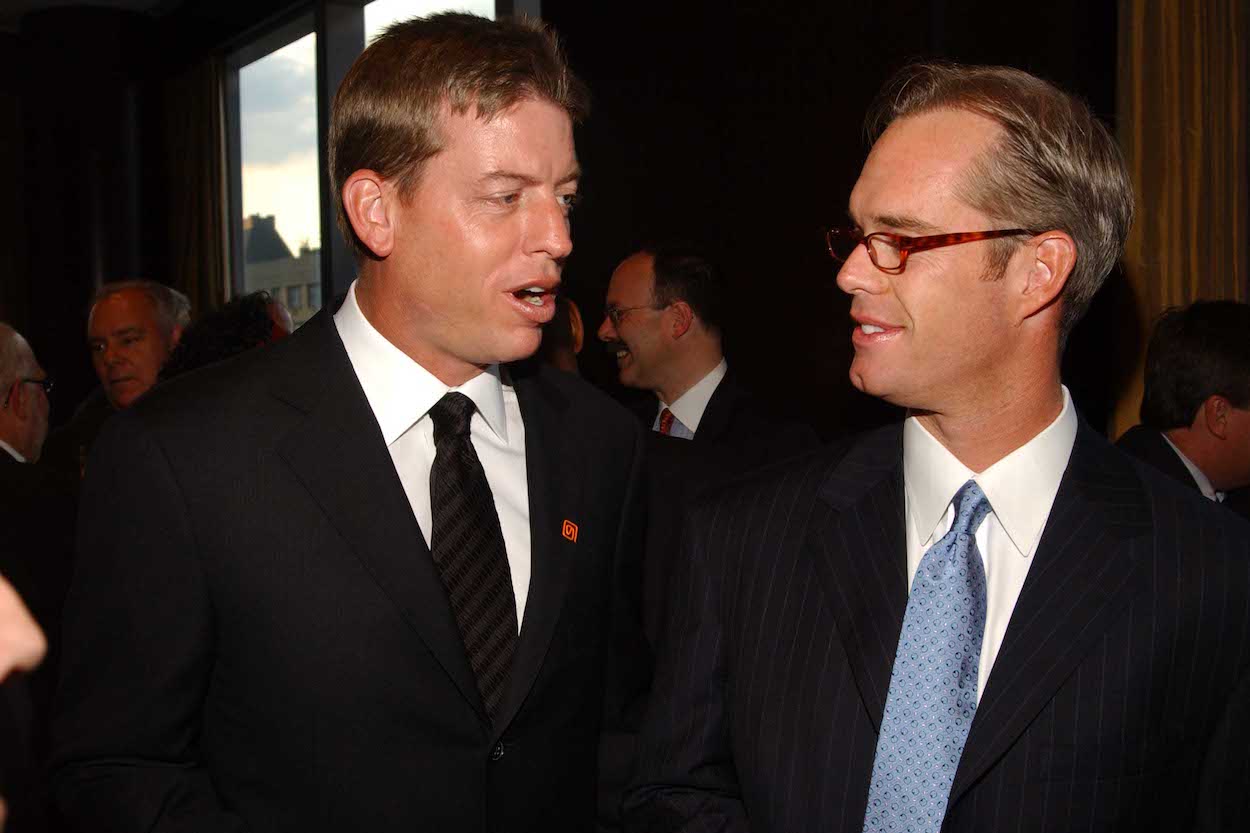 Troy Aikman and Joe Buck speak at a gala in 2005