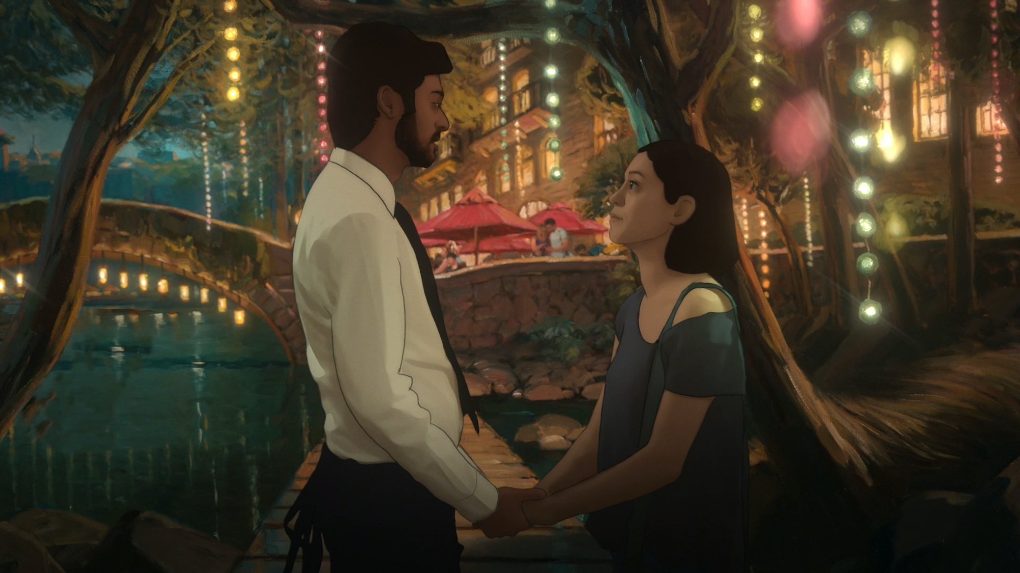 Two characters from 'Undone' standing in front of a bridge with lights hanging