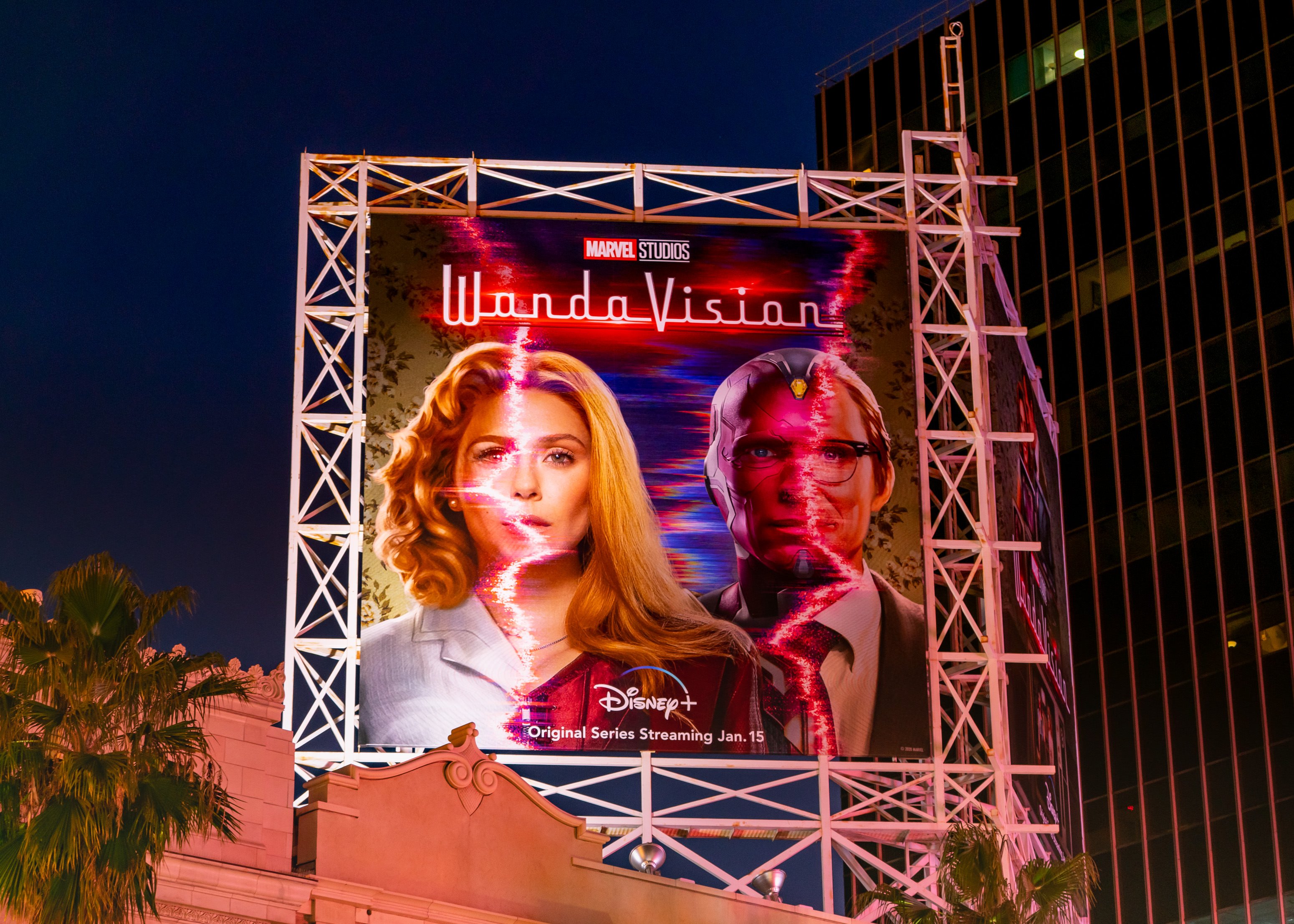 General view of a billboard above the El Capitan Entertainment Centre promoting the Disney+ Marvel Studios show 'WandaVision'