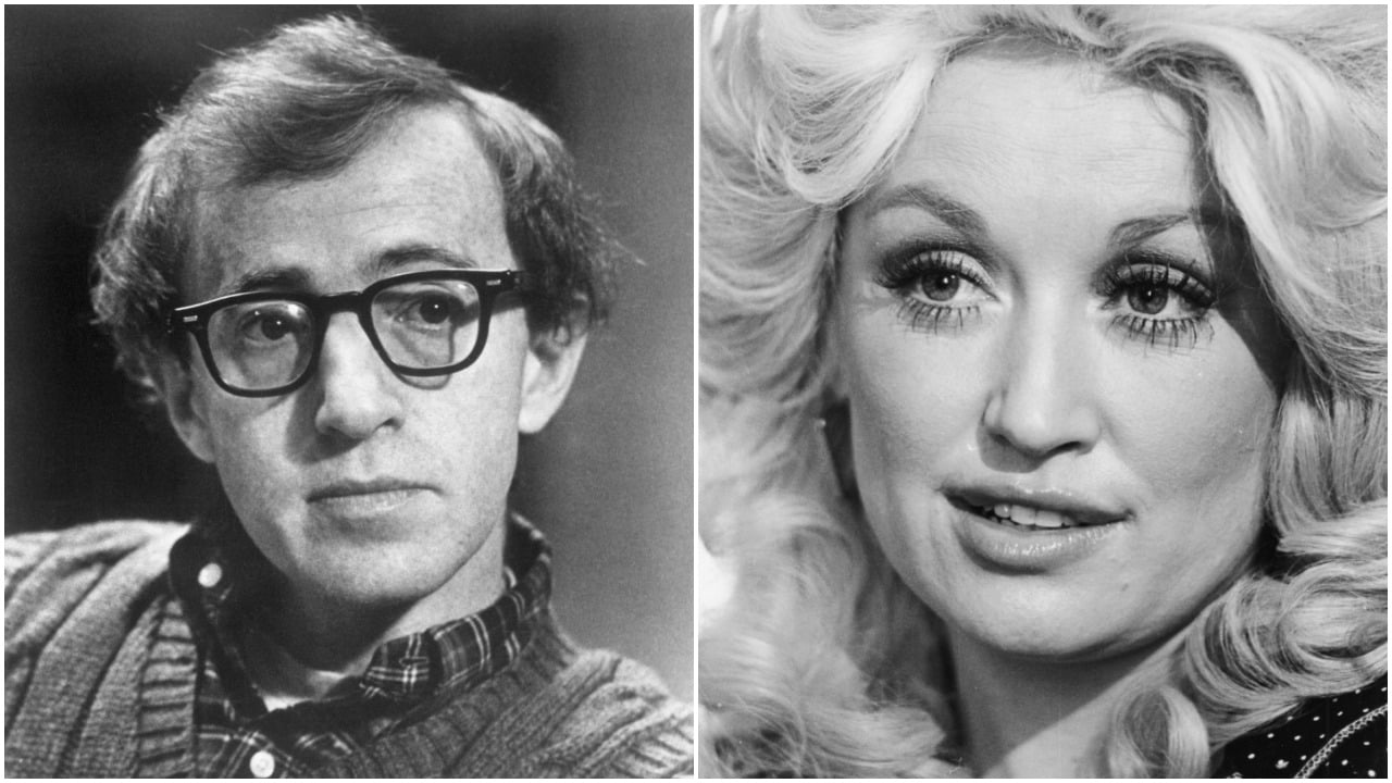 A black and white photo of Woody Allen next to a black and white photo of Dolly Parton