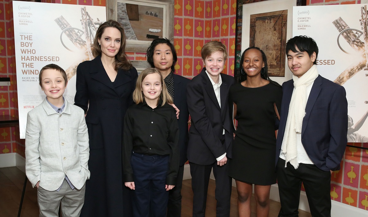 Angelina Jolie with children Knox, Vivienne, Pax, Shiloh, Zahara, and Maddox on February 25, 2019, in New York City.