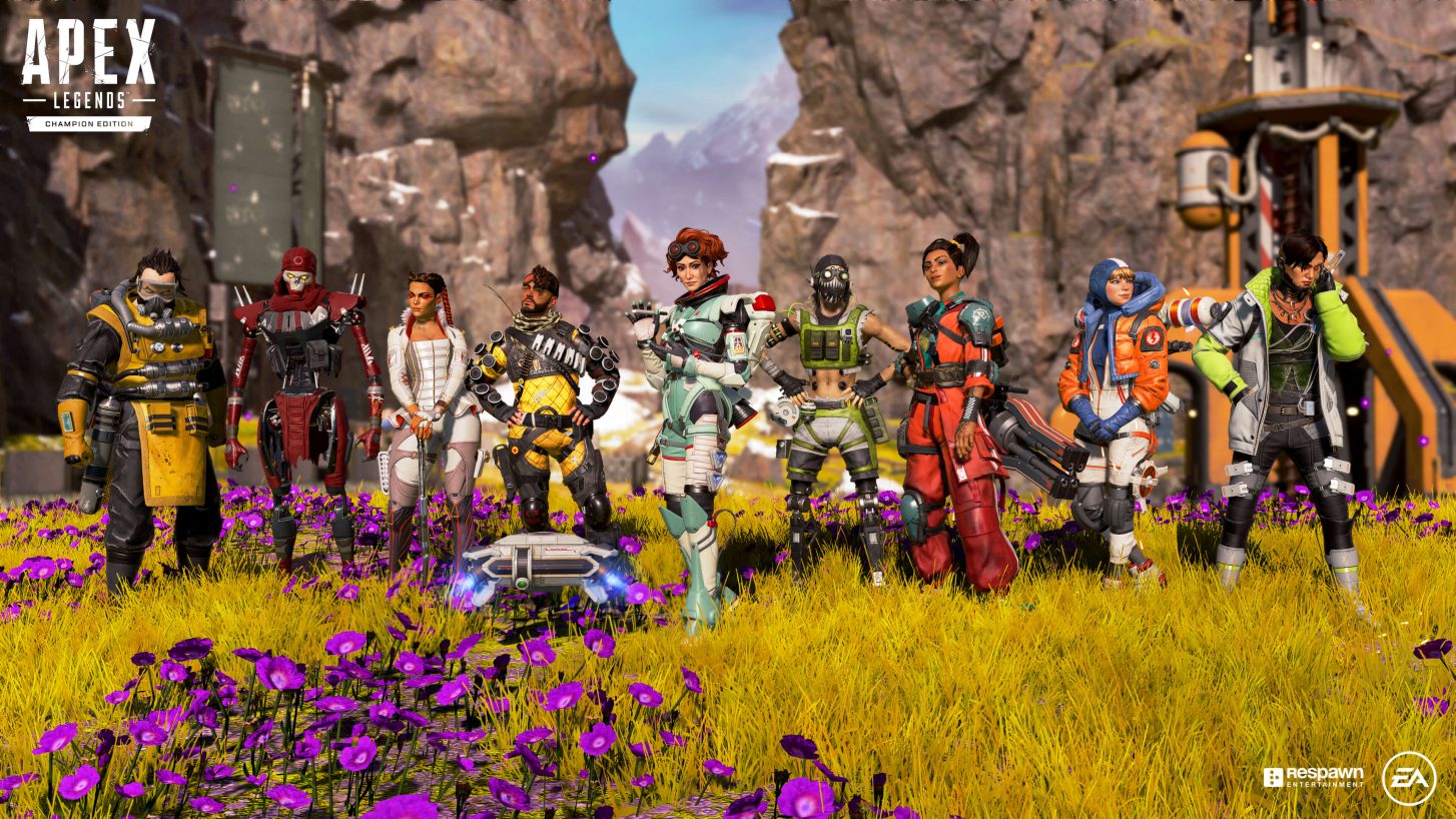 (L-R) Caustic, Revenant, Loba, Mirage, Horizon, Octane, Rampart, Wattson, and Crypto from Respawn Entertainment's Apex Legends