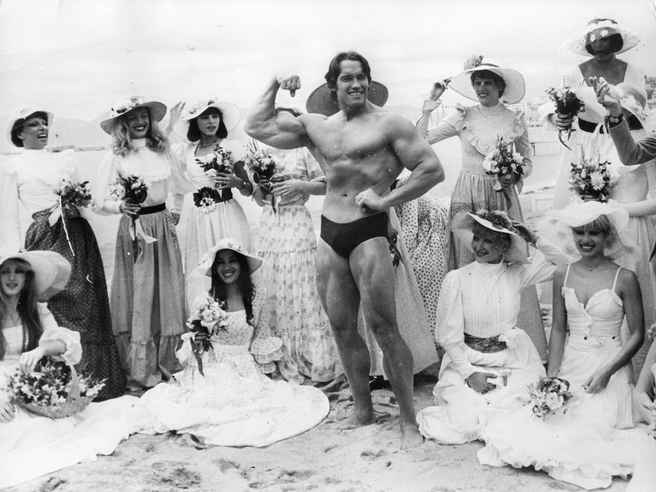 Arnold Schwarzenegger on Cannes beach during the Film Festival