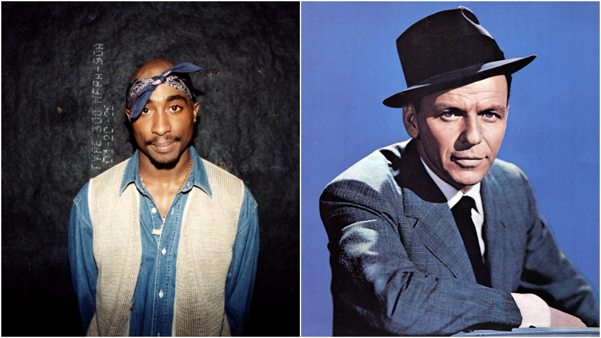 Tupac Shakur in a bandana next to Frank Sinatra in a fedora