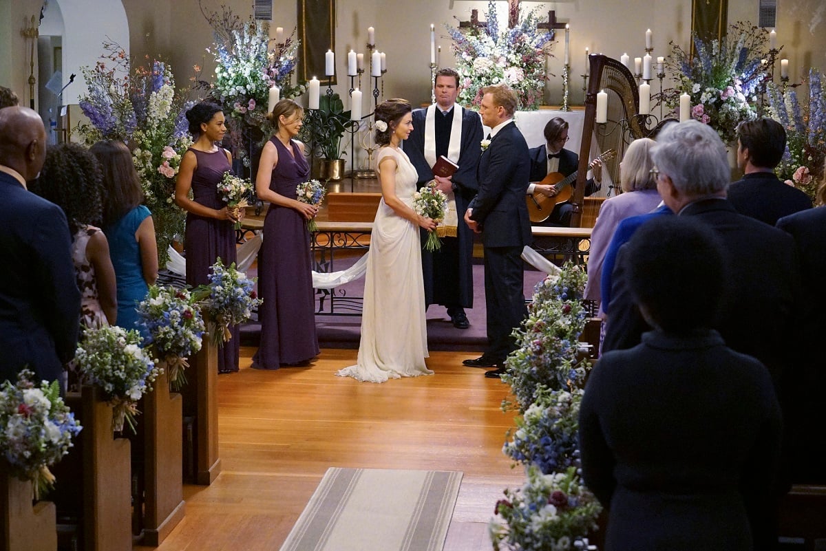 (L-R) Kelly McCreary as Maggie Pierce, Ellen Pompeo as Meredith Grey, Caterina Scorsone as Amelia Shepherd,and Kevin McKidd as Owen Hunt in "Grey's Anatomy' Season 12