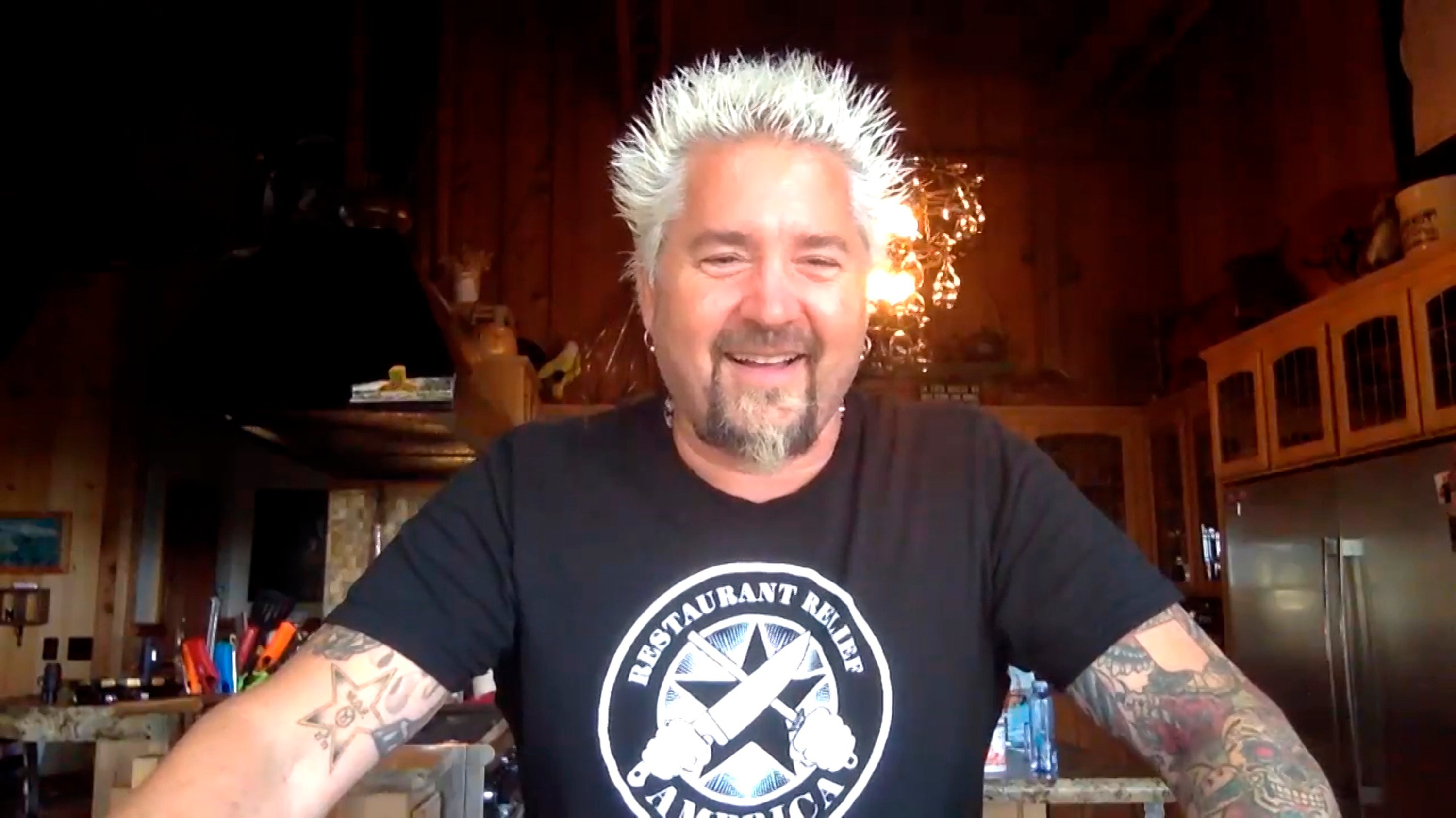 Smiling Guy Fieri during a virtual appearance on the Tonight Show