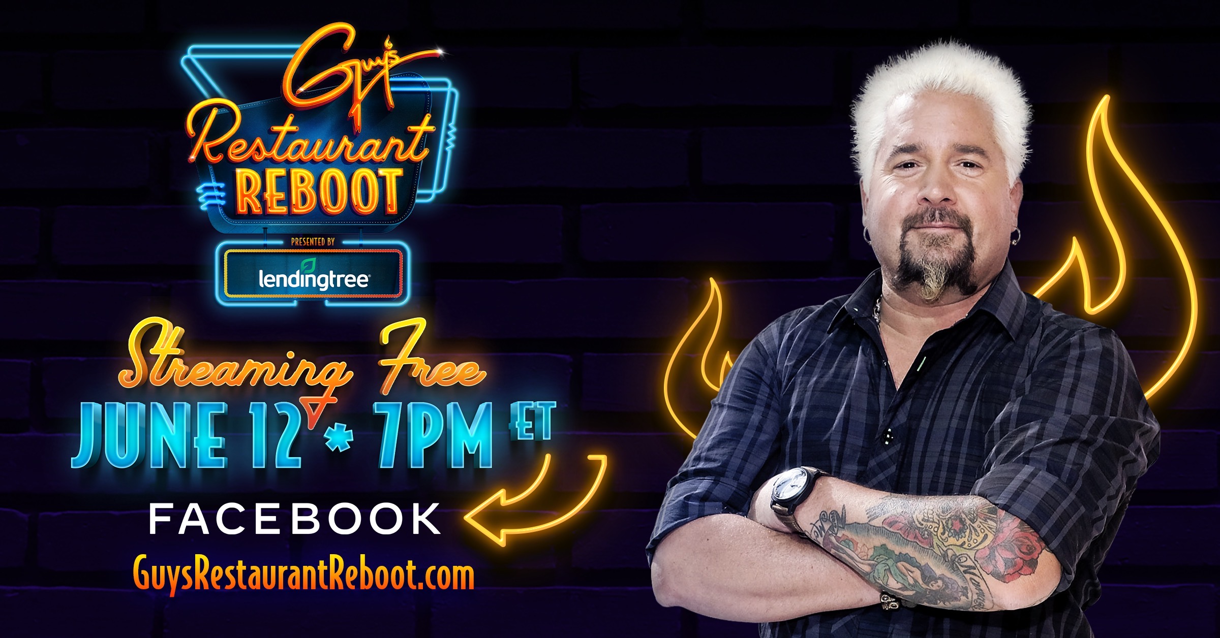 banner featuring Guy Fieri and advertising Guy's Restaurant reboot livestream