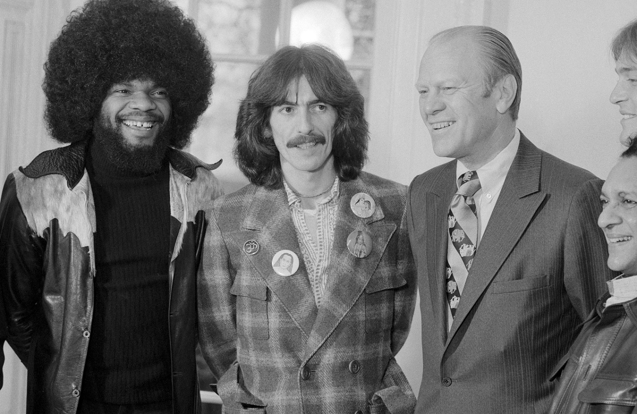 Billy Preston, George Harrison, and President Gerald Ford smile together in 1974.