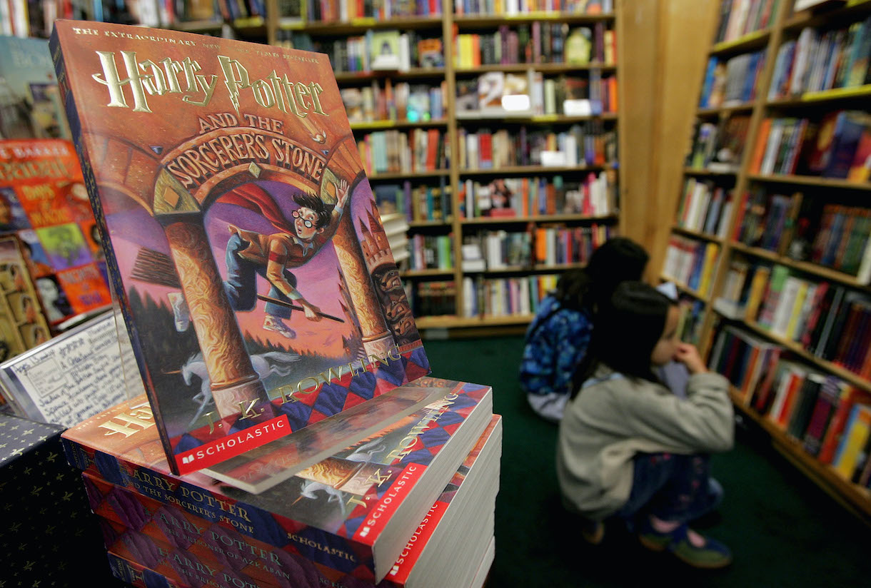 Copies of Harry Potter books stand on display at the Clean Well-Lighted Place For Books