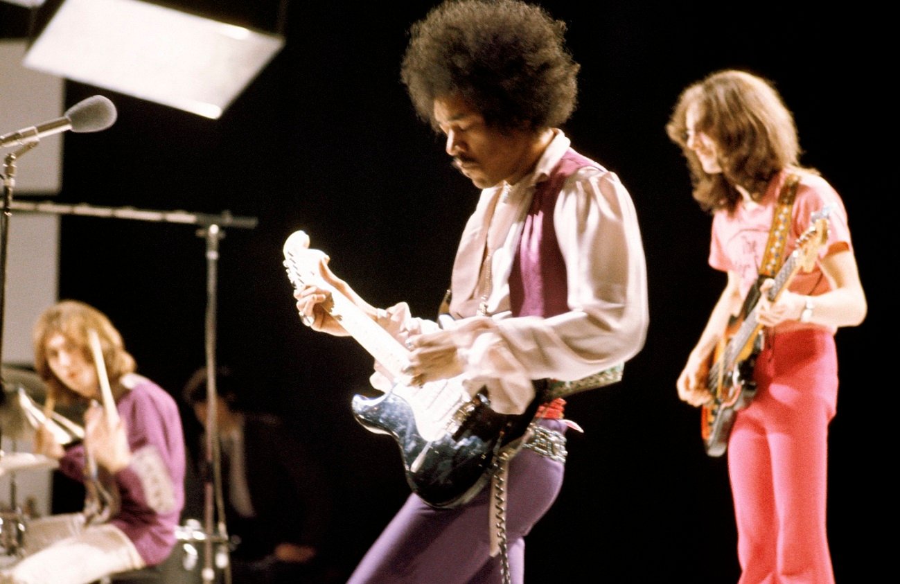 The Jimi Hendrix Experience performs in a TV studio in 1969.