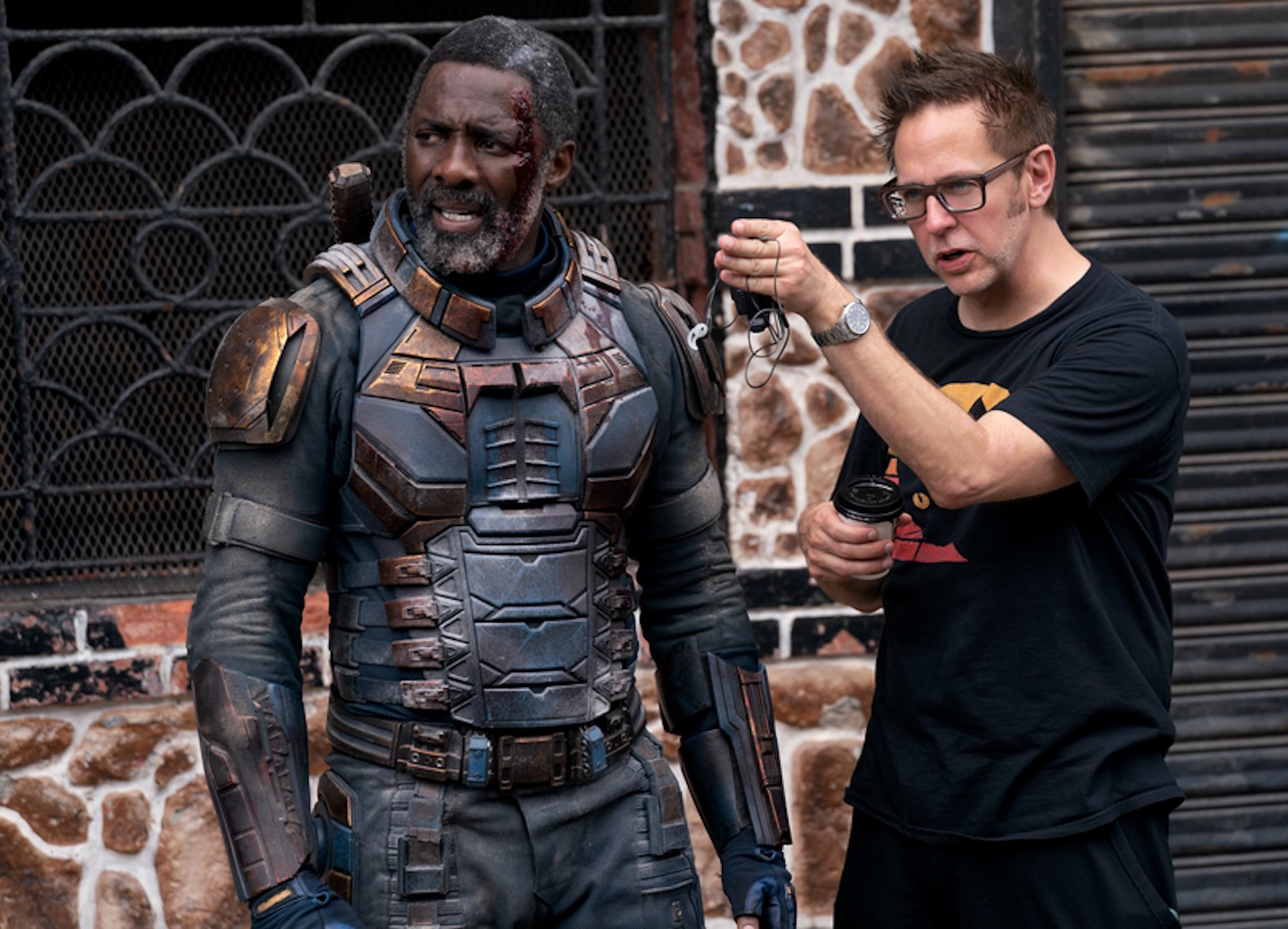 Idris Elba as Robert DuBois / Bloodsport and James Gunn, the writer/director on the set of 'The Suicide Squad'