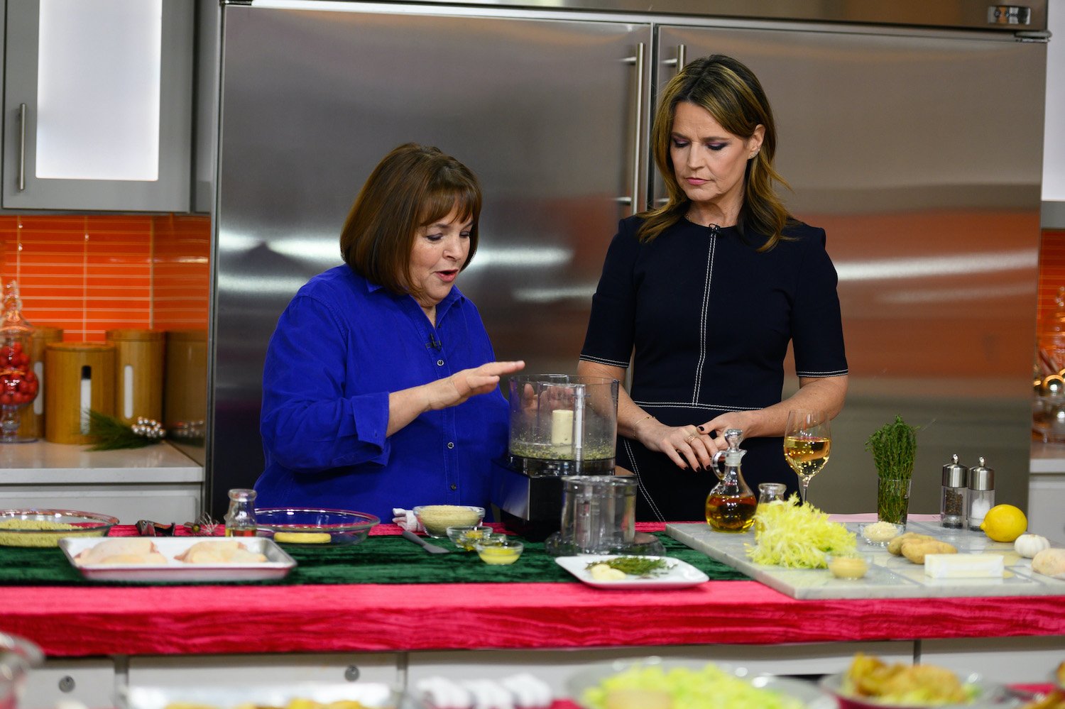 Ina Garten uses a food processor on the Today show during a cooking segment with Savannah Guthrie