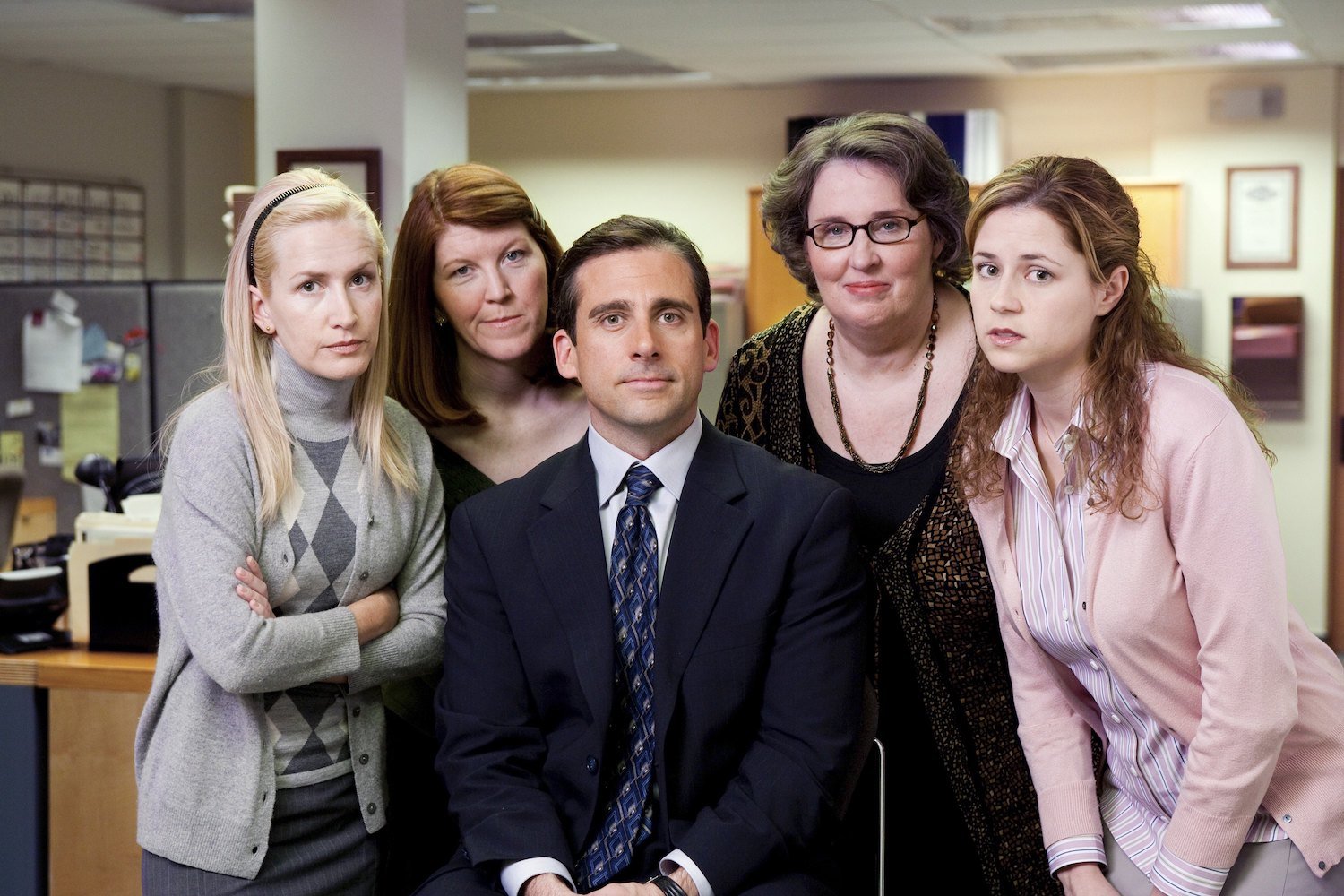 The Office: Angela Kinsey as Angela Martin, Kate Flannery as Meredith Palmer, Steve Carell as Michael Scott, Phyllis Smith as Phyllis Lapin, and Jenna Fischer as Pam Beesly