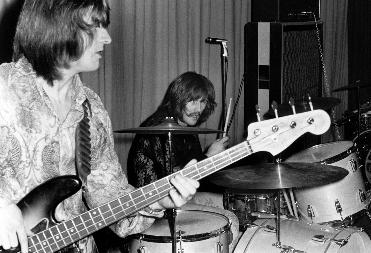 John Paul Jones plays bass and John Bonham play drums behind him at an early Led Zeppelin show
