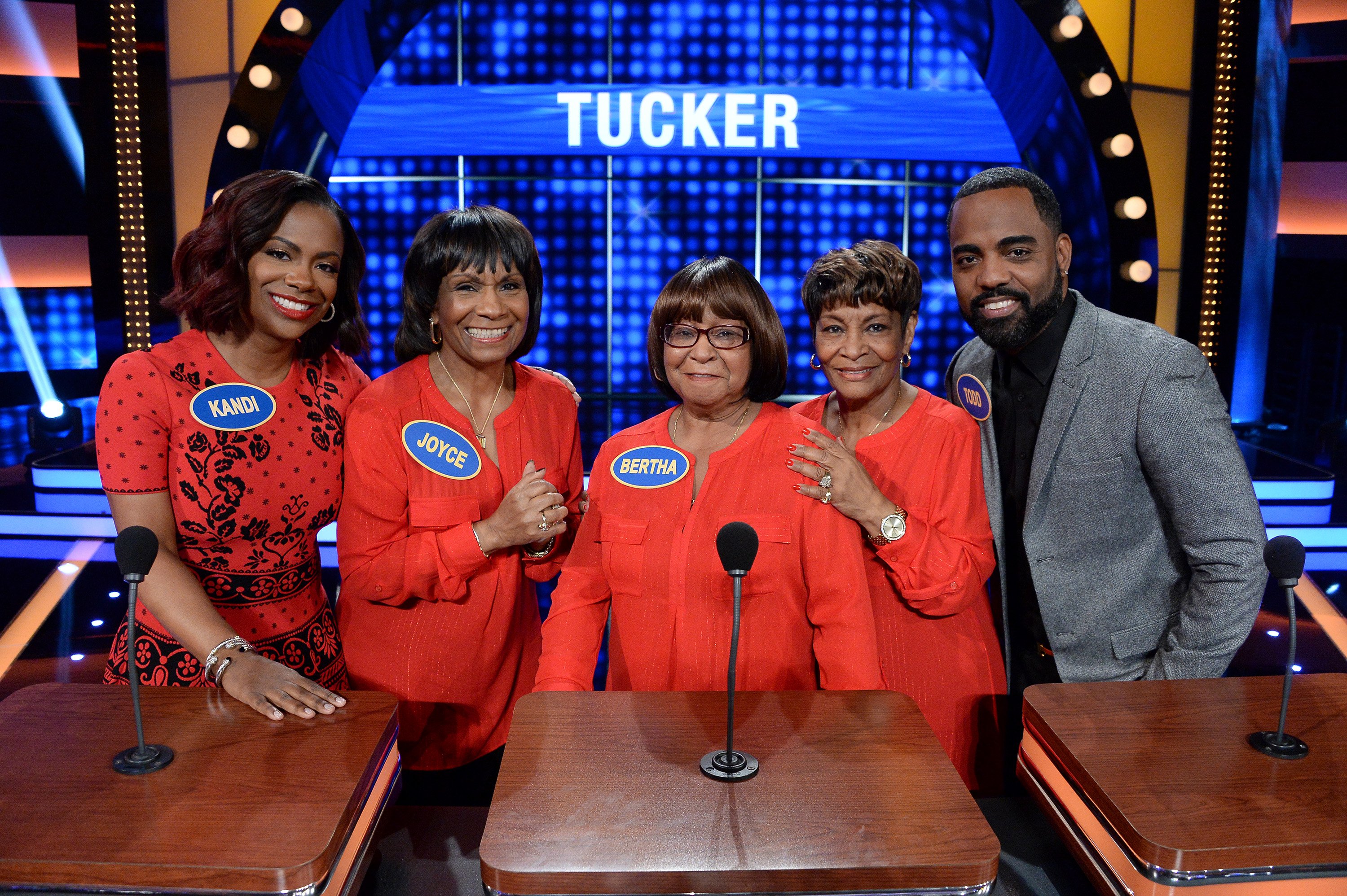 Kandi Burruss, Joyce Jones, Bertha Jones, Nora Wilcox, and Todd Tucker during the filming an episode of 'Celebrity Family Feud' in 2017