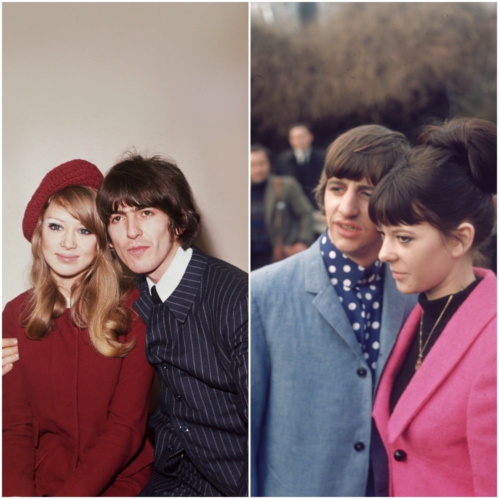 L: Pattie Boyd and George Harrison in 1966; R: Ringo Starr and Maureen Starkey in 1965