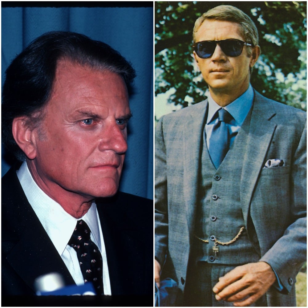 Left to right: Evangelist Billy Graham in 1982 and actor Steve McQueen in a scene from 1968's 'The Thomas Crown Affair'