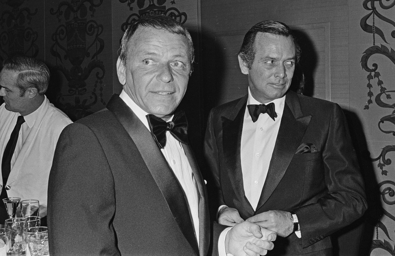 Frank Sinatra smiles and looks off-camera at the Beverly Hilton, 1970