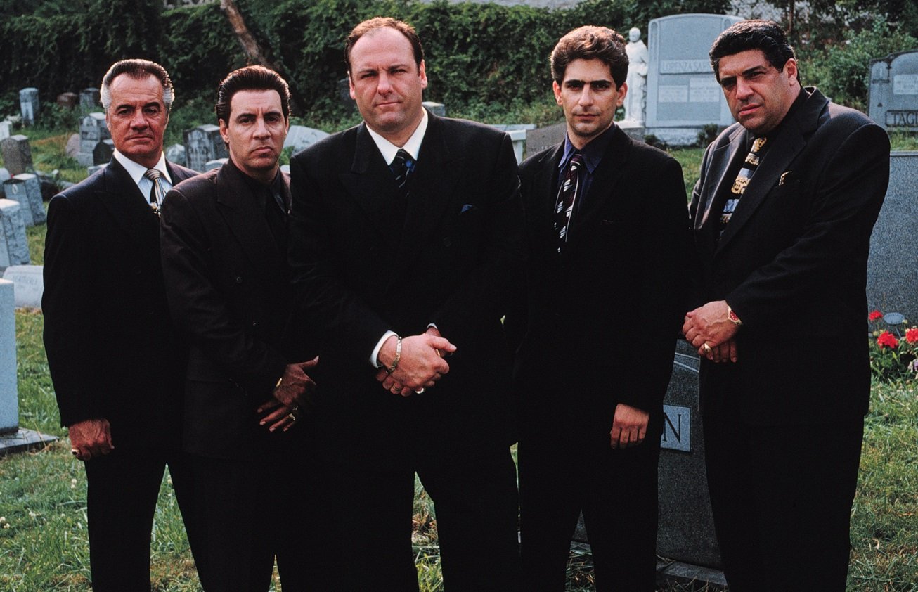 'The Sopranos' main cast members pose together in a cemetery