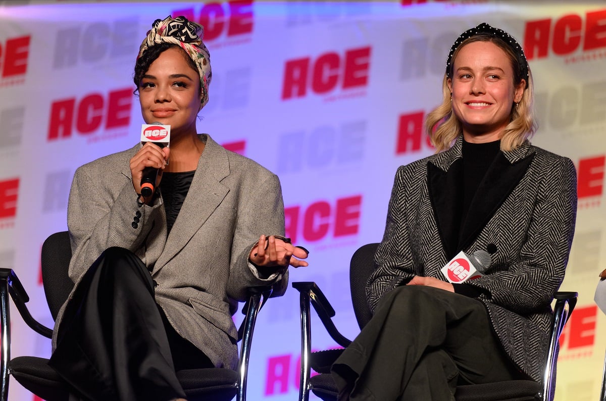 Tessa Thompson and Brie Larson attend ACE Comic Con Midwest on October 12, 2019, in Rosemont, Illinois.