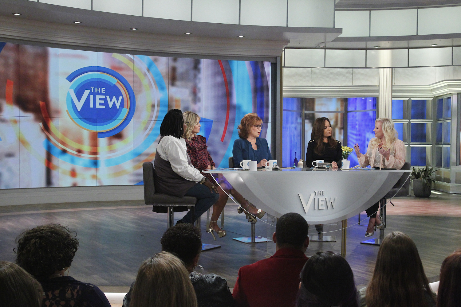 Whoopi Goldberg, Sara Haines, Joy Behar, Sunny Hostin, Meghan McCain on the set of 'The View' in 2018