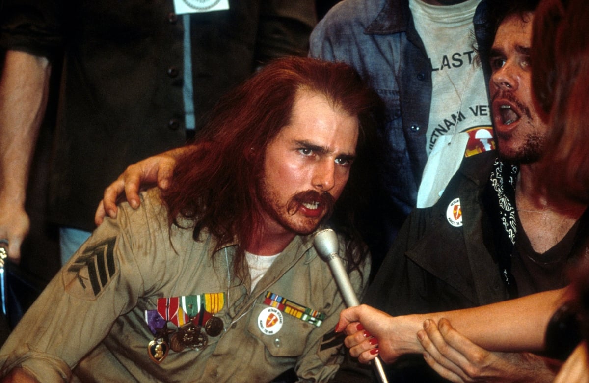 Tom Cruise speaking out for the military veterans in a scene from the film 'Born On The Fourth Of July', 1989