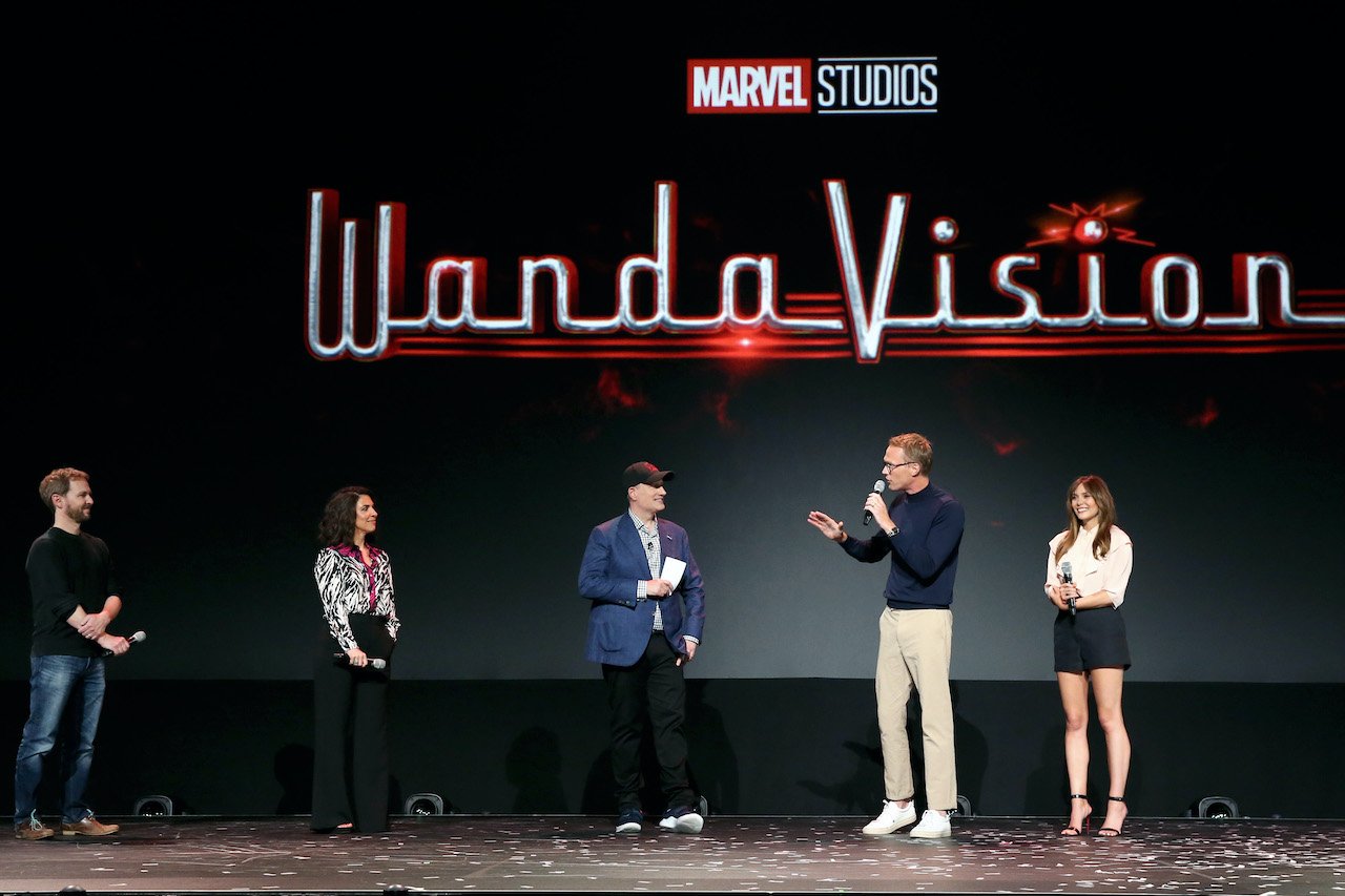 (L-R) Director Matt Shakman and Head writer Jac Schaeffer of 'WandaVision,' President of Marvel Studios Kevin Feige, and Paul Bettany and Elizabeth Olsen of 'WandaVision' at the Disney+ Showcase