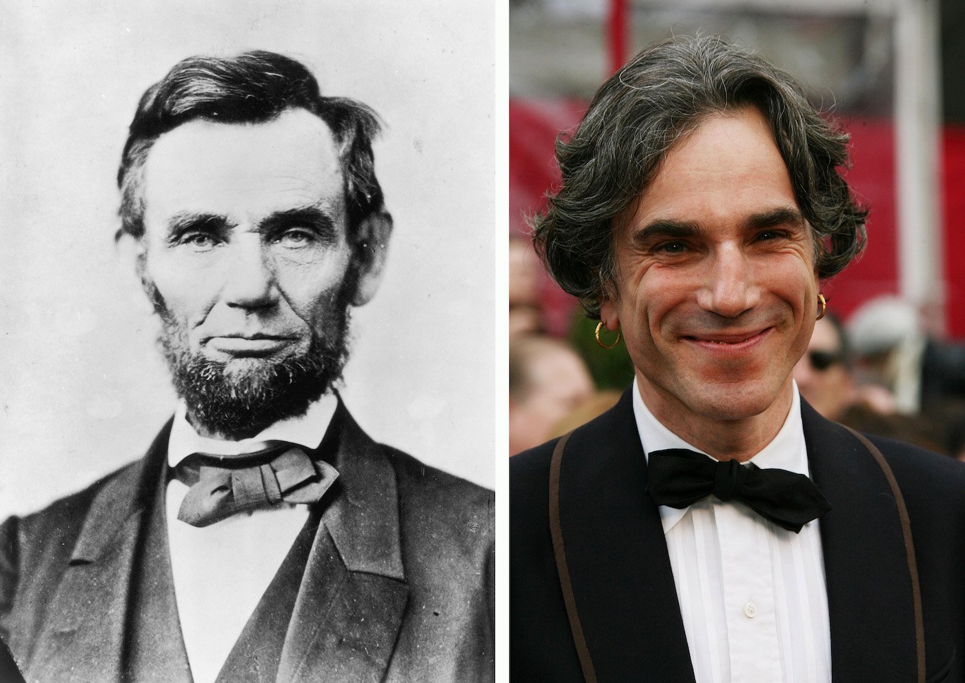 A composite image showing a comparison between Abraham Lincoln and actor Daniel Day-Lewis