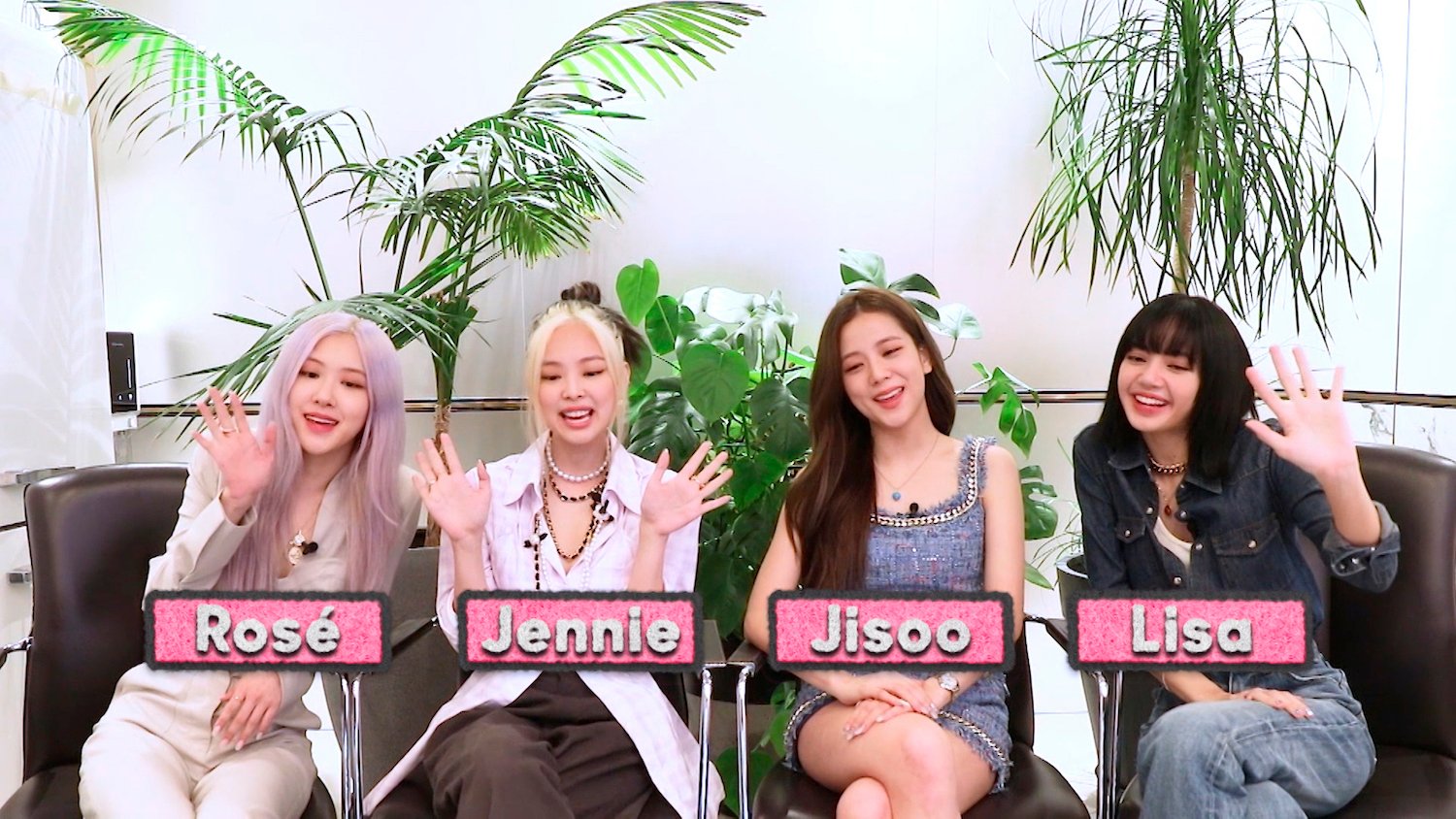 Musical guest Blackpink during an interview on 'The Tonight Show Starring Jimmy Fallon' sitting down together with their names across the bottom
