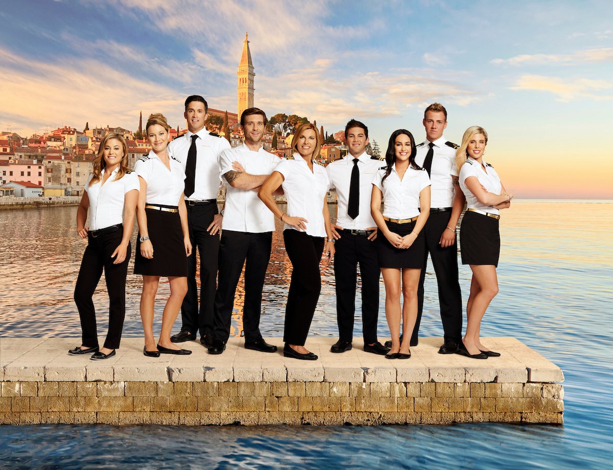 Below Deck Mediterranean Season 2 cast photo of Malia White, Hannah Ferrier, Bobby Giancola, Adam Glick, Sandy Yawn, Wes Walton, Lauren Cohen, Max Hagley, Bugsy Drake