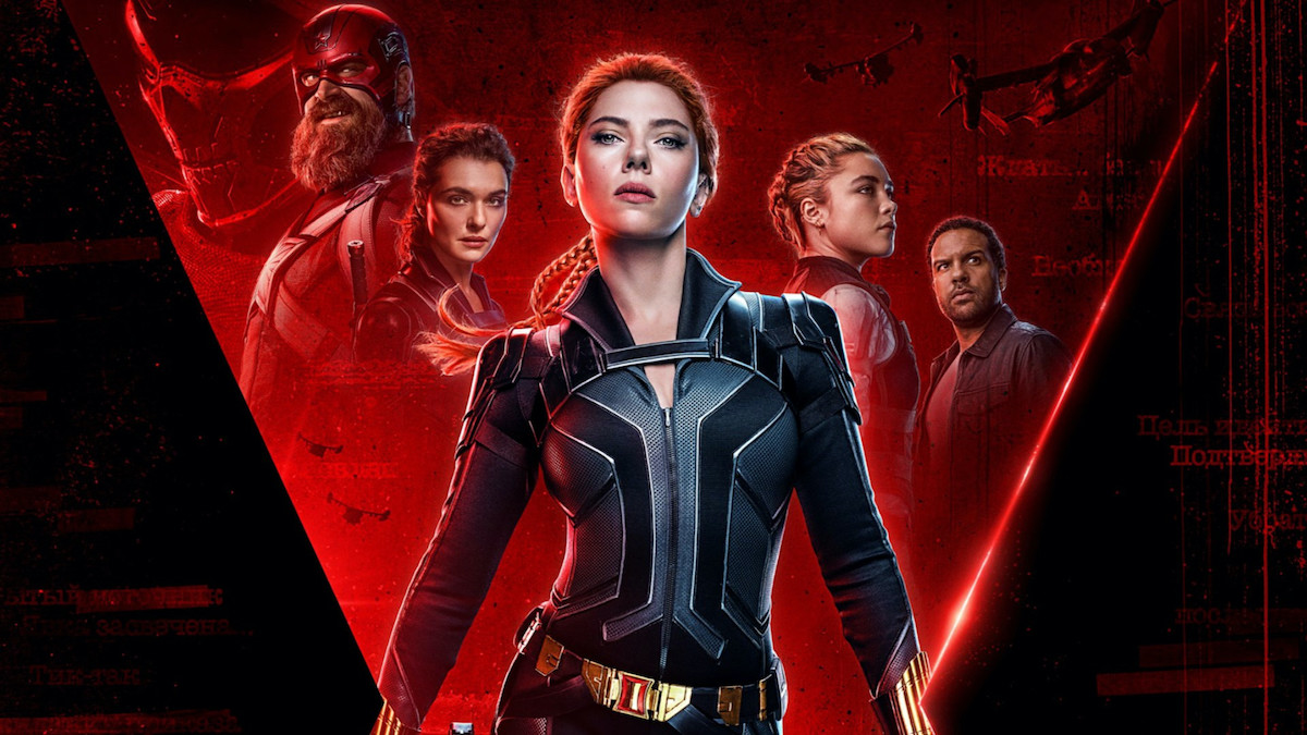The 'Black Widow' poster art, featuring Scarlett Johansson in a black bodysuit, and the supporting cast