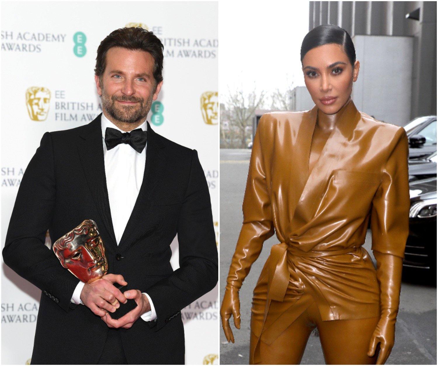 LEFT: Bradley Cooper at EE British Academy Film Awards in 2019. RIGHT: Kim Kardashian at Paris Fashion Week in March 2020