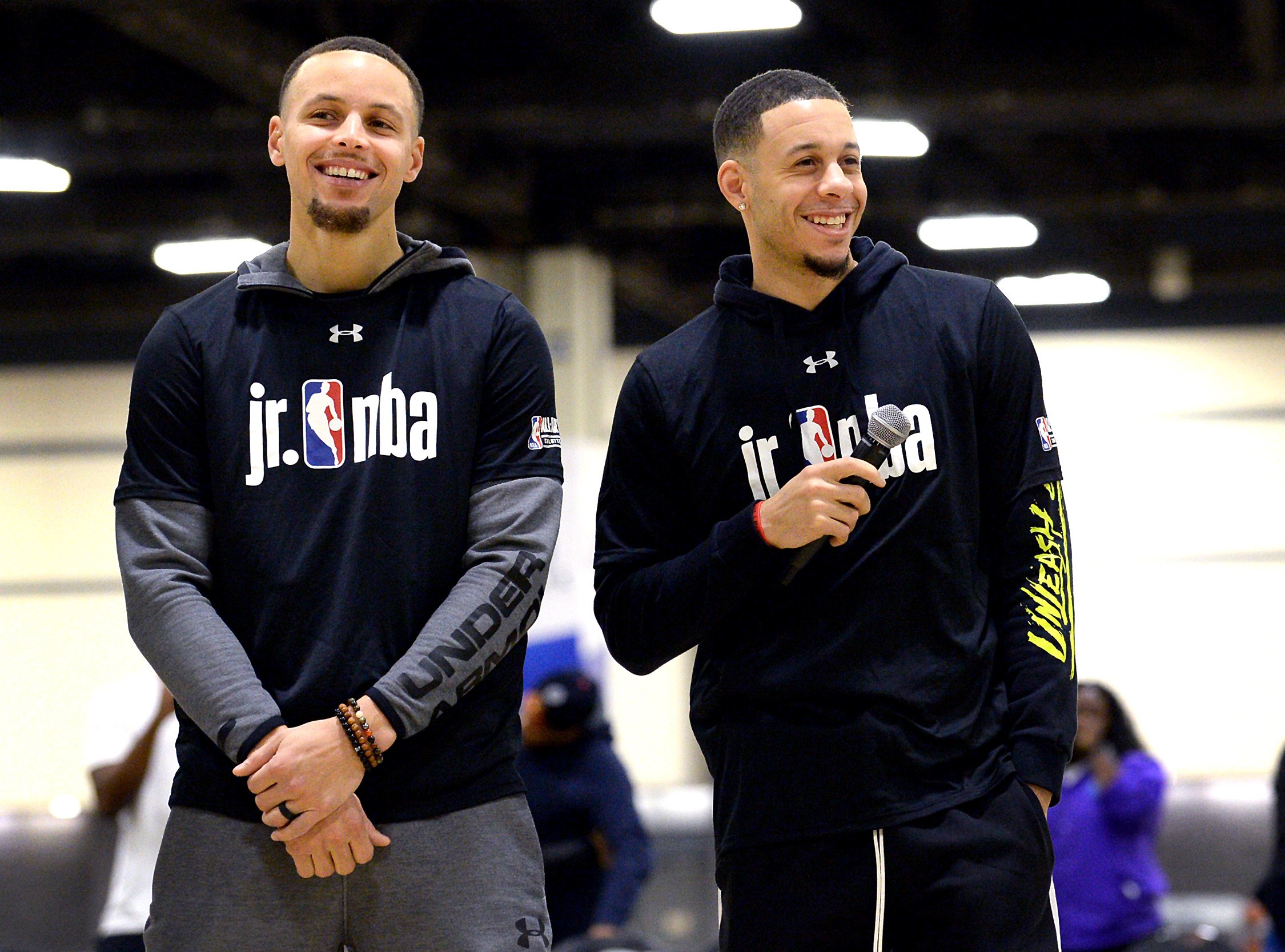 Brothers Steph Curry and Seth Curry speak to students at Fourth Annual Jr. NBA Day in Charlotte, North Carolina