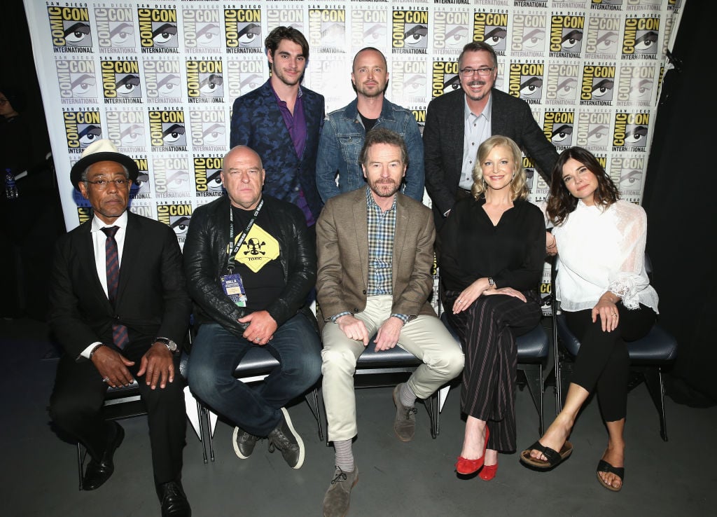RJ Mitte, Aaron Paul and Vince Gilligan, Giancarlo Esposito, Dean Norris, Bryan Cranston, Anna Gunn, and Betsy Brandt attend the 'Breaking Bad' 10th Anniversary Reunion panel at Comic-Con.