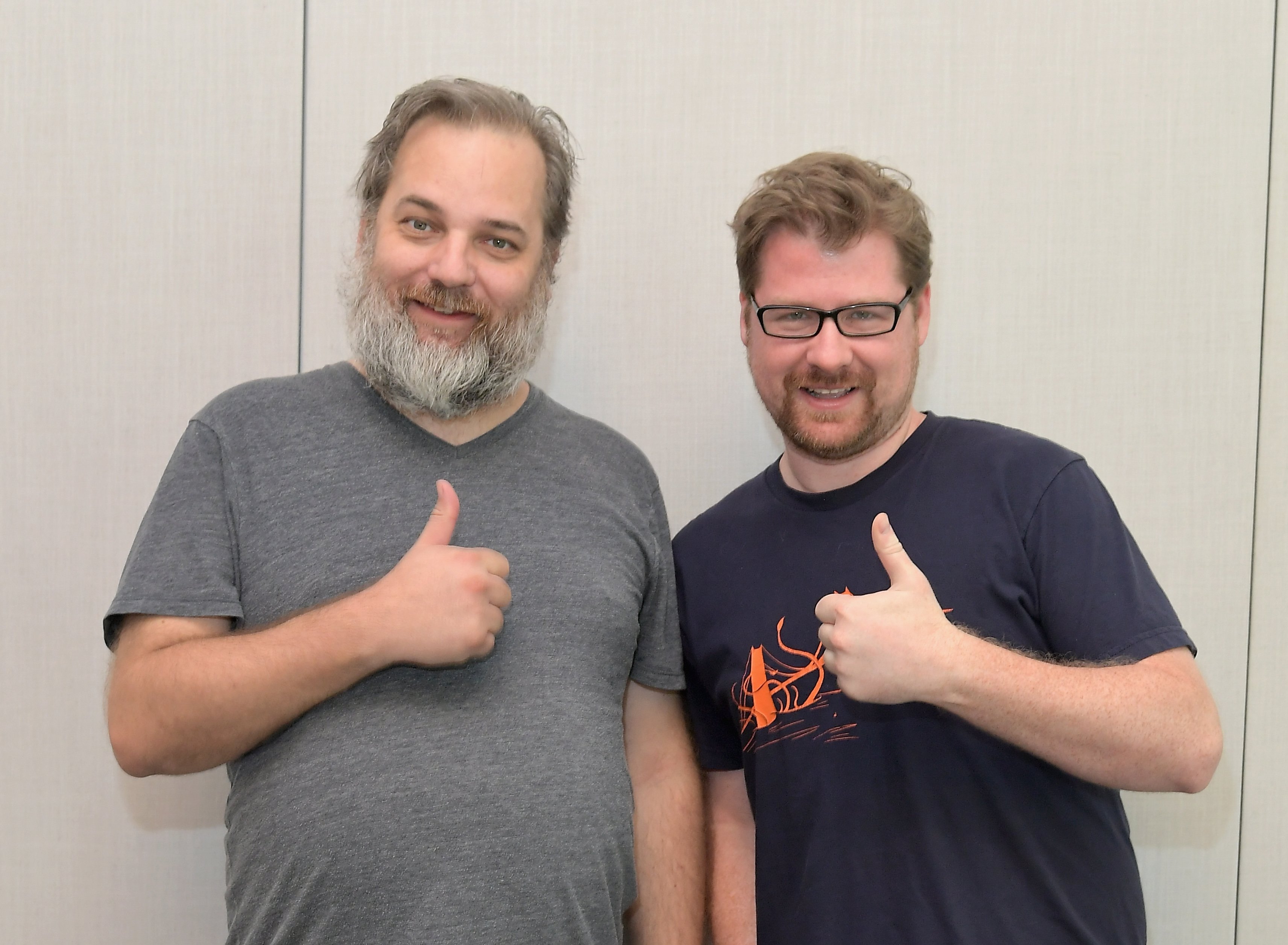 Dan Harmon and Justin Roiland of 'Rick and Morty' give a thumbs up to the camera.