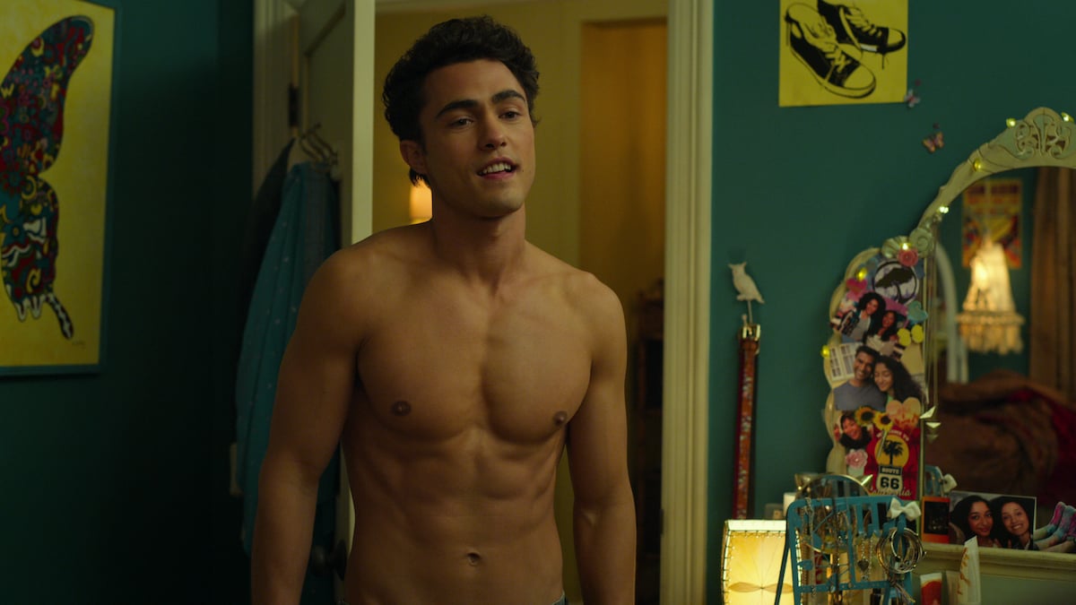 A shirtless Darren Barnet filming an episode of 'Never Have I Ever'