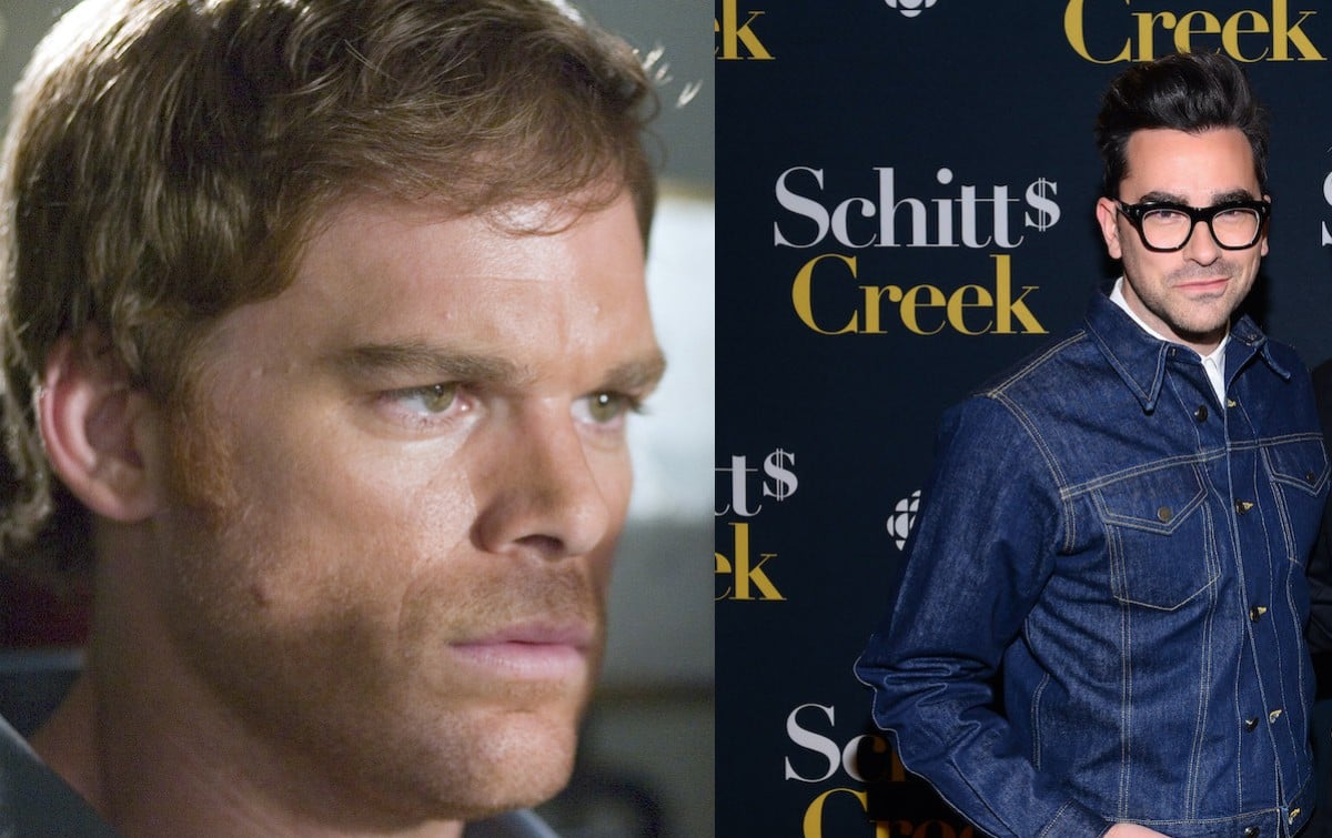 Michael C. Hall as Dexter Morgan in 'Dexter'; Dan Levy in front of a 'Schitt's Creek' step and repeat