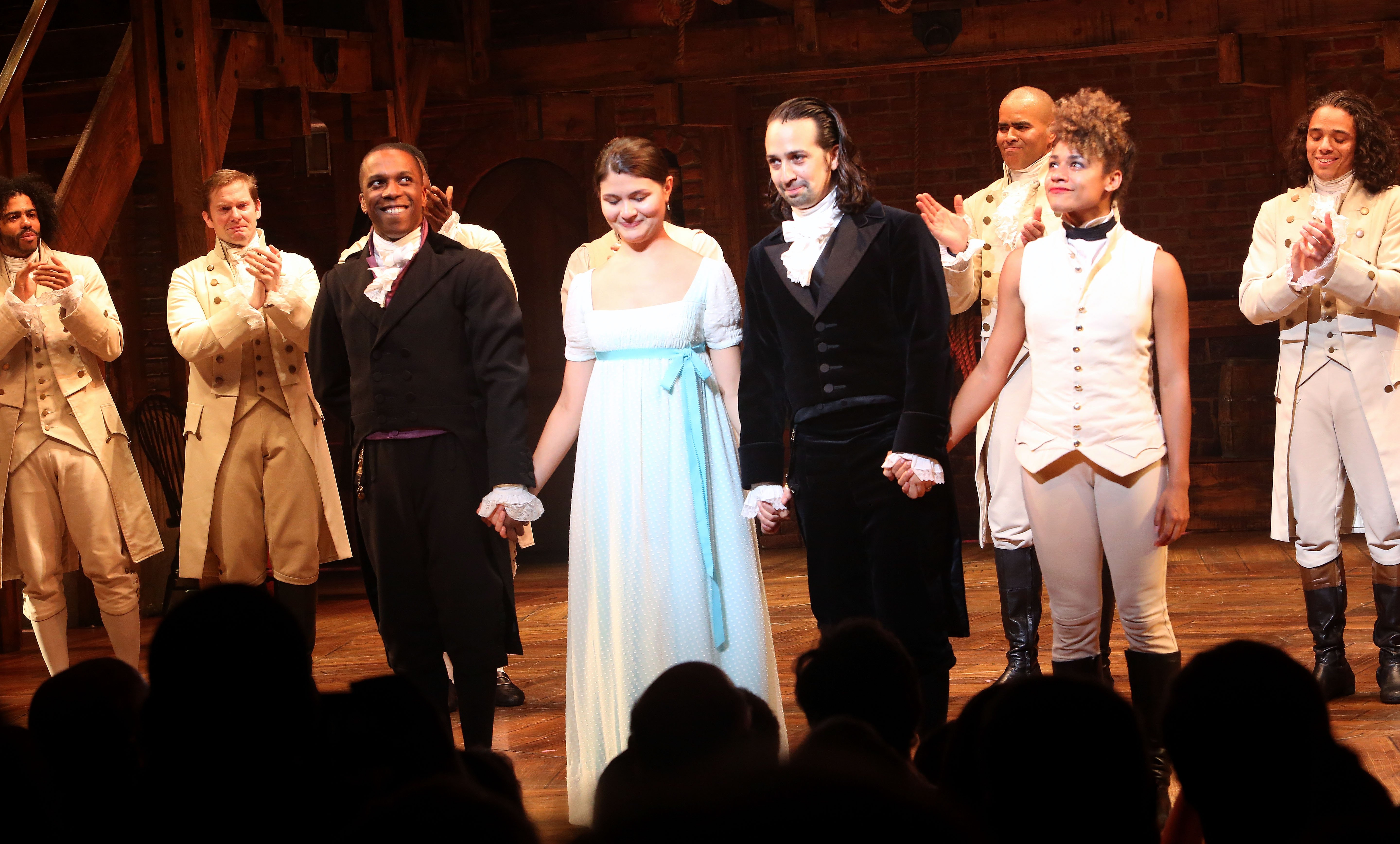 Lin-Manuel Miranda appears in his final performance as 'Alexander Hamilton' in 'Hamilton' on Broadway on stage with the cast