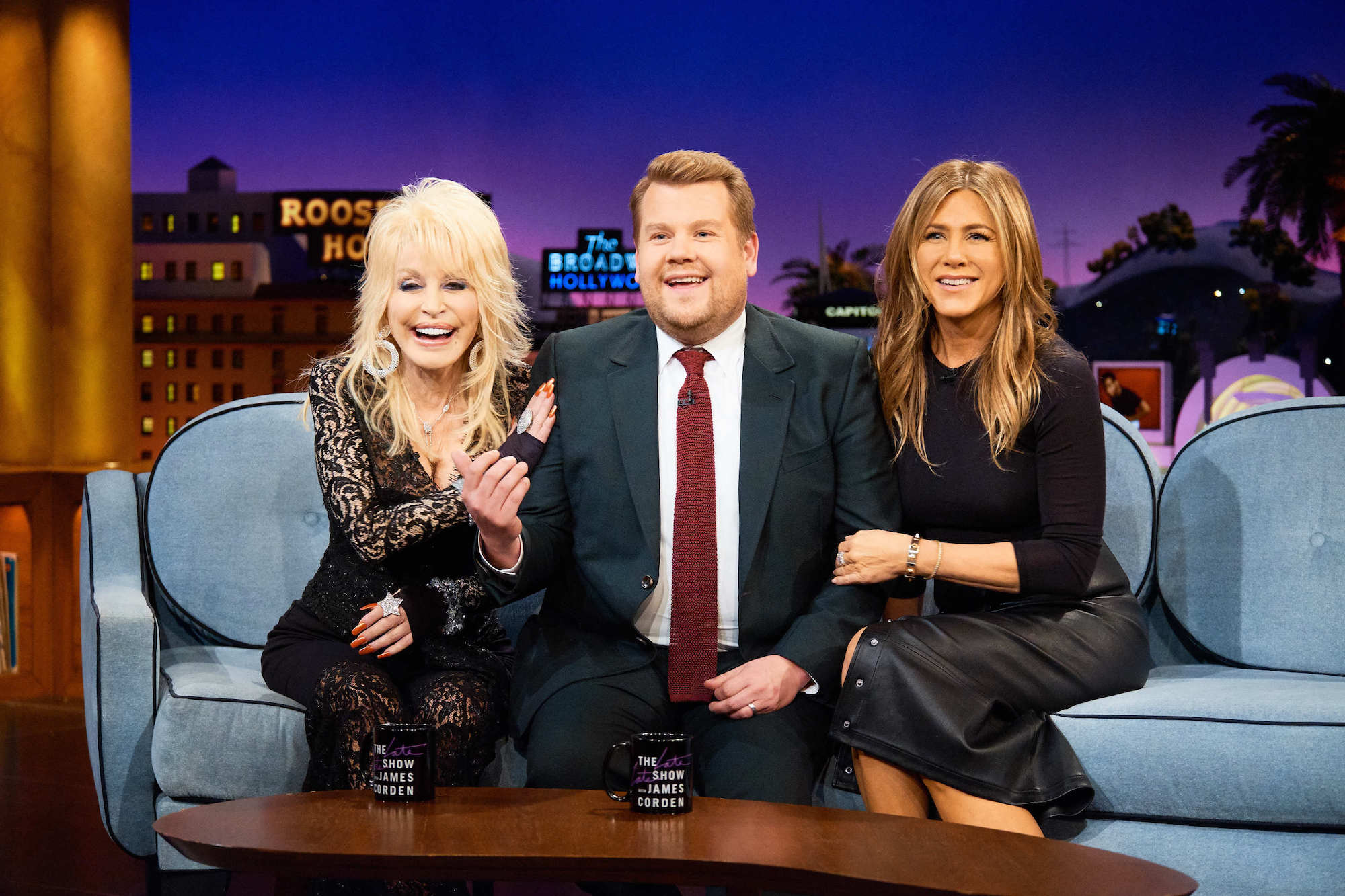 Dolly Parton and Jennifer Aniston appearing on an episode of 'The Late Late Show with James Corden' in 2018