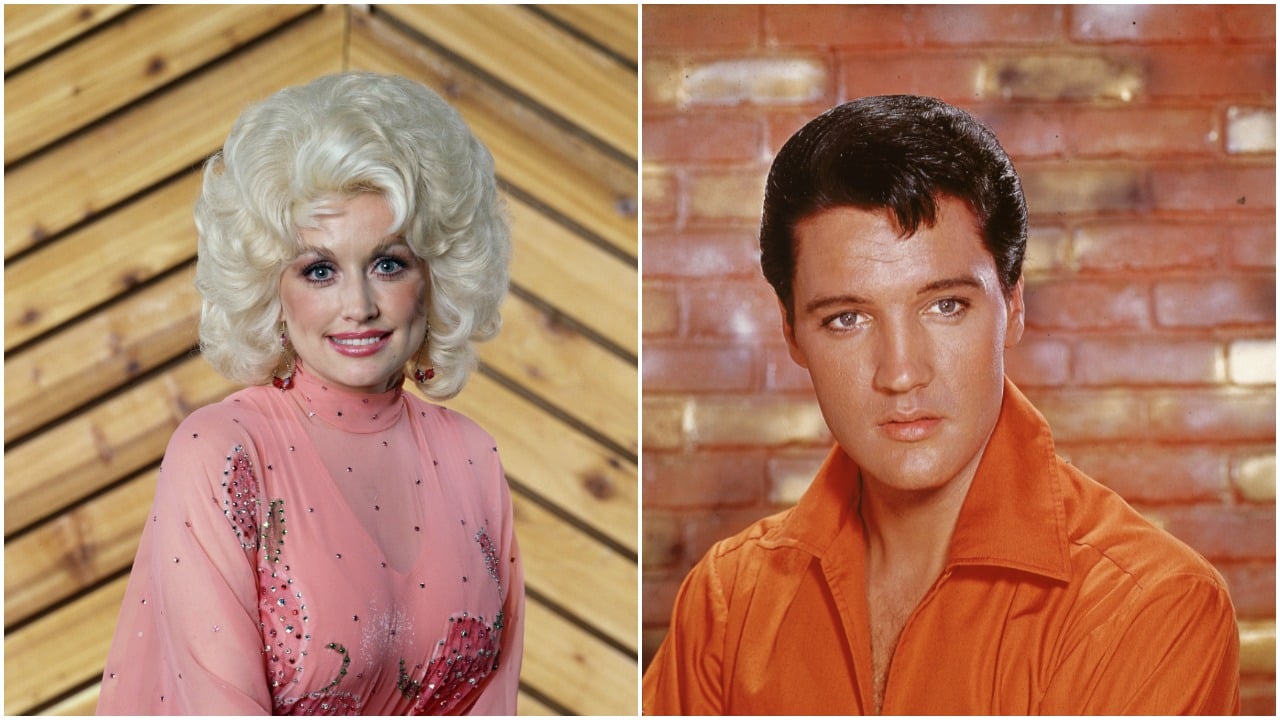 A portrait of Dolly Parton in 1978 and portrait of Elvis Presley in the mid '60s.