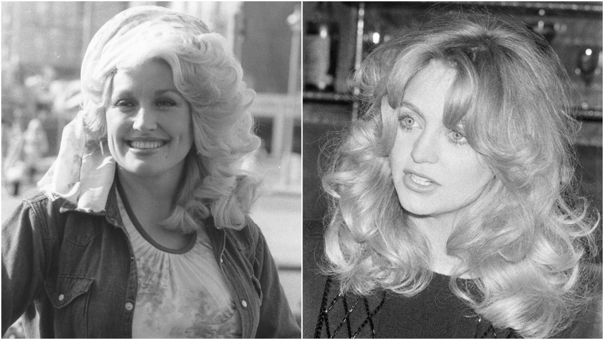 A collage image of singer Dolly Parton and actor Goldie Hawn