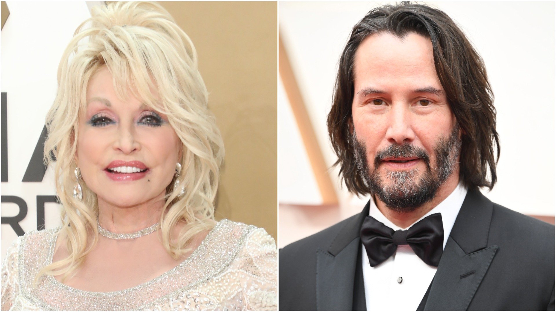 A collage image of Dolly Parton and Keanu Reeves attending separate events