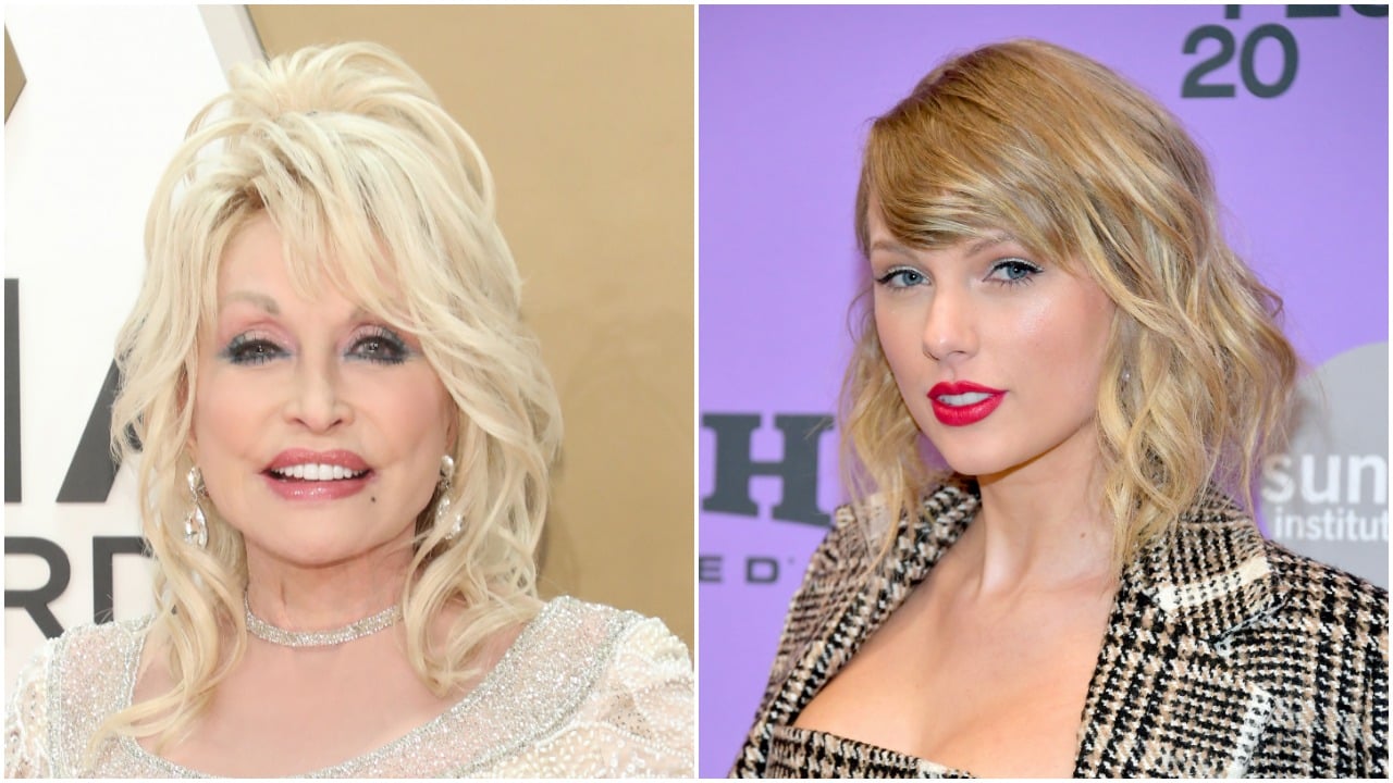 A portrait of Dolly Parton on the red carpet next to a portrait of Taylor Swift on the red carpet.